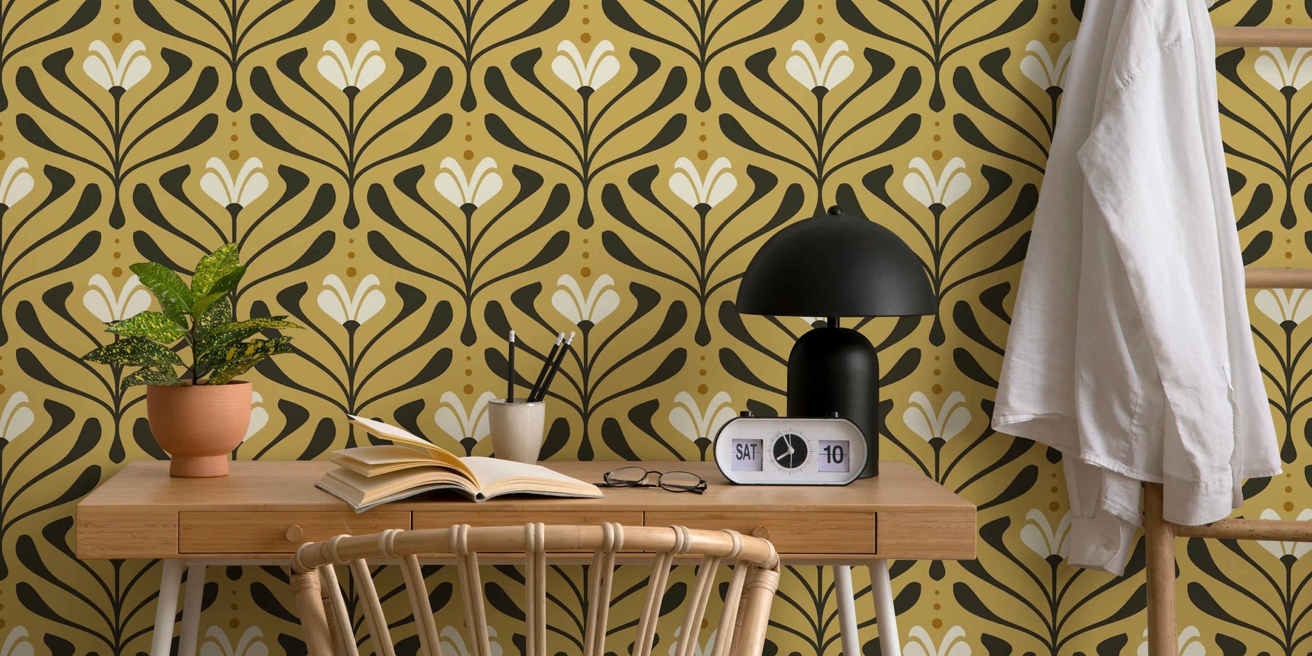 Floral pattern in black and gold colors, vintage style wallpaper