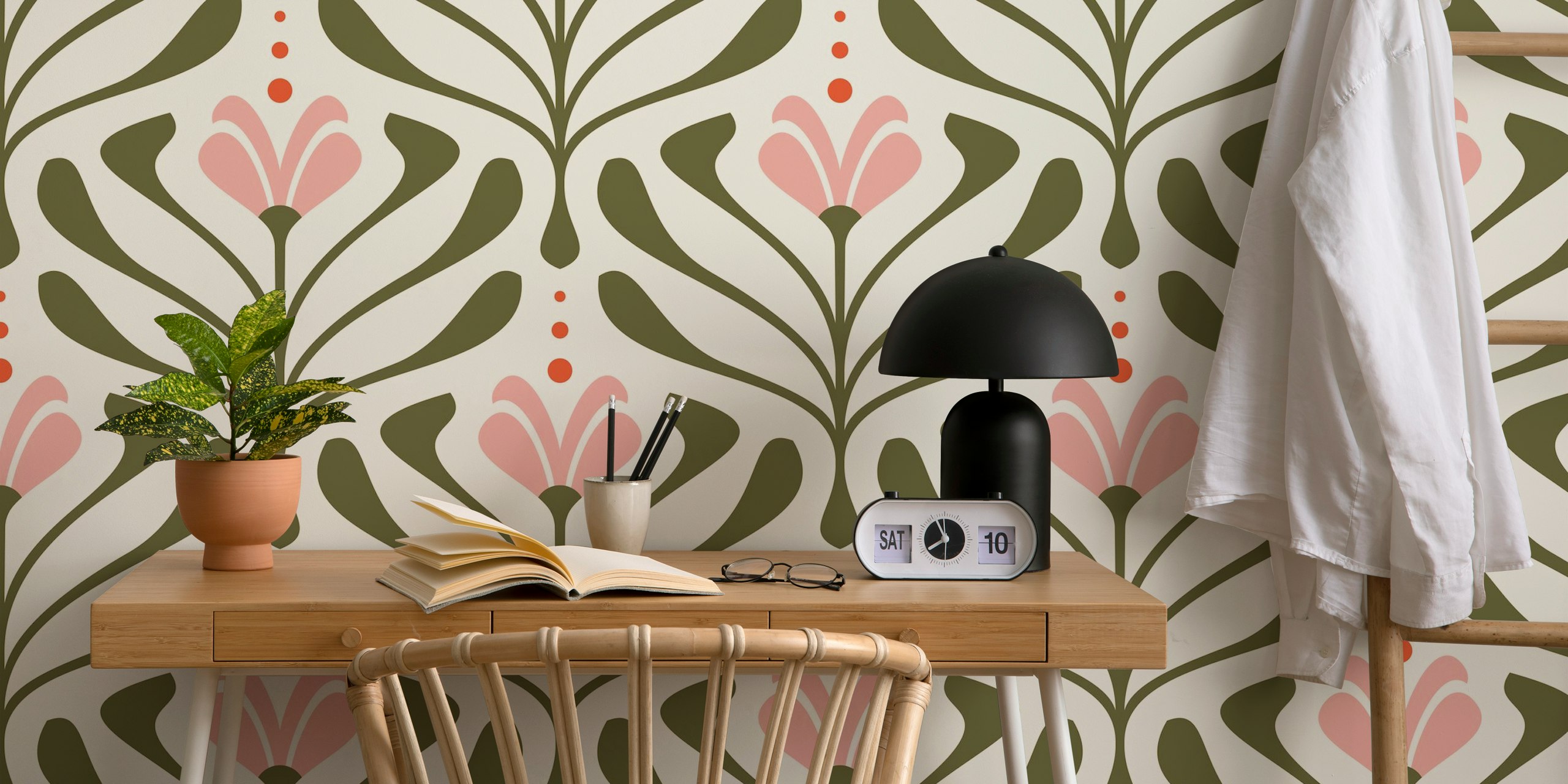 Ταπετσαρία Vintage Retro Bloom Flourish Green Pink σε ένα δωμάτιο