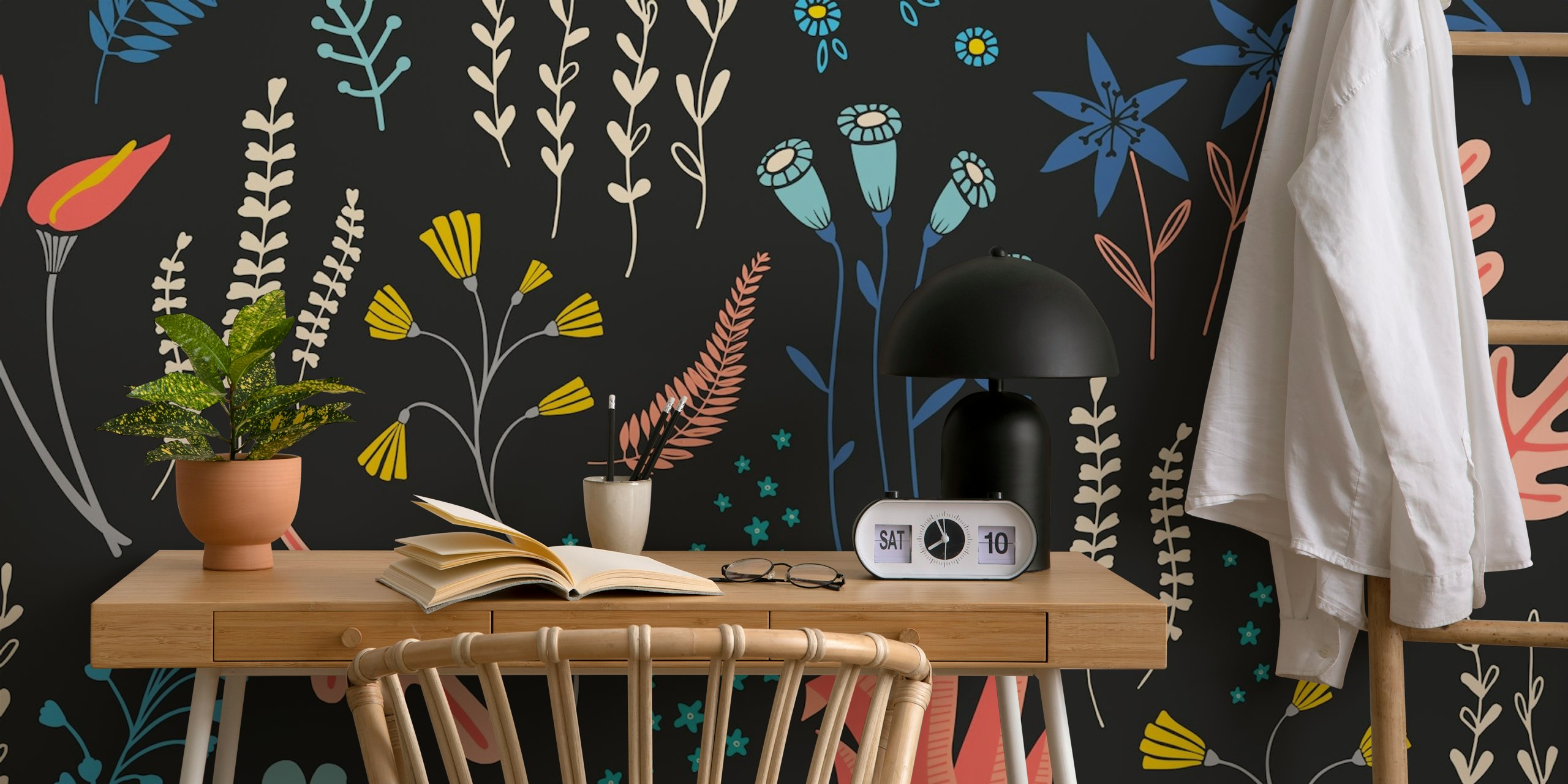 Colorful floral patterns on a black background wallpaper