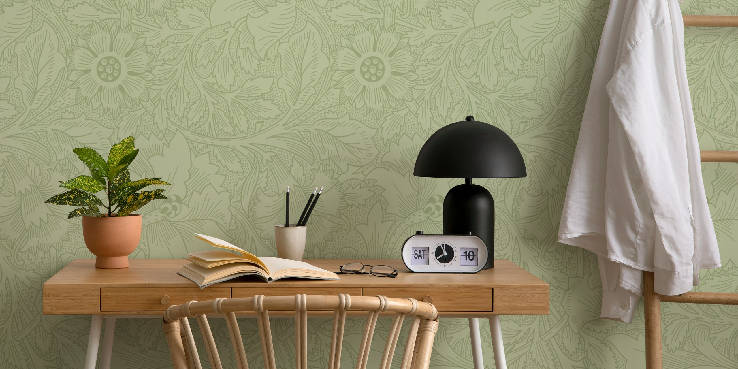 Poppy floral pattern on soft green background wallpaper