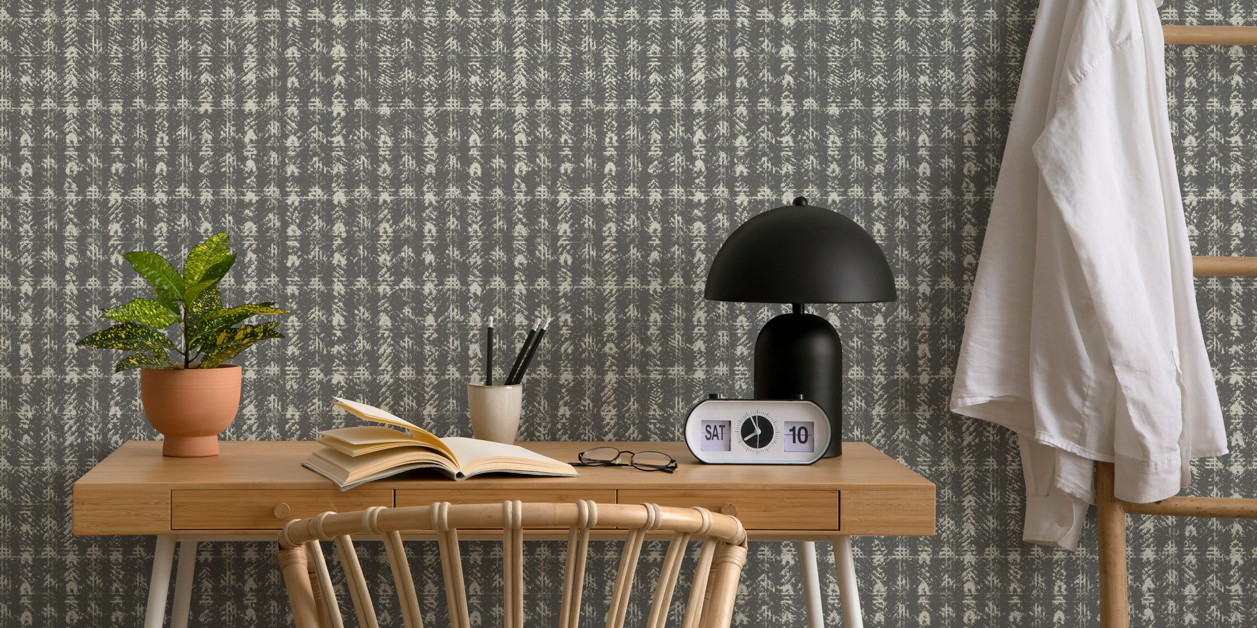 Timeless classic tweed mill charcoal wallpaper in a room