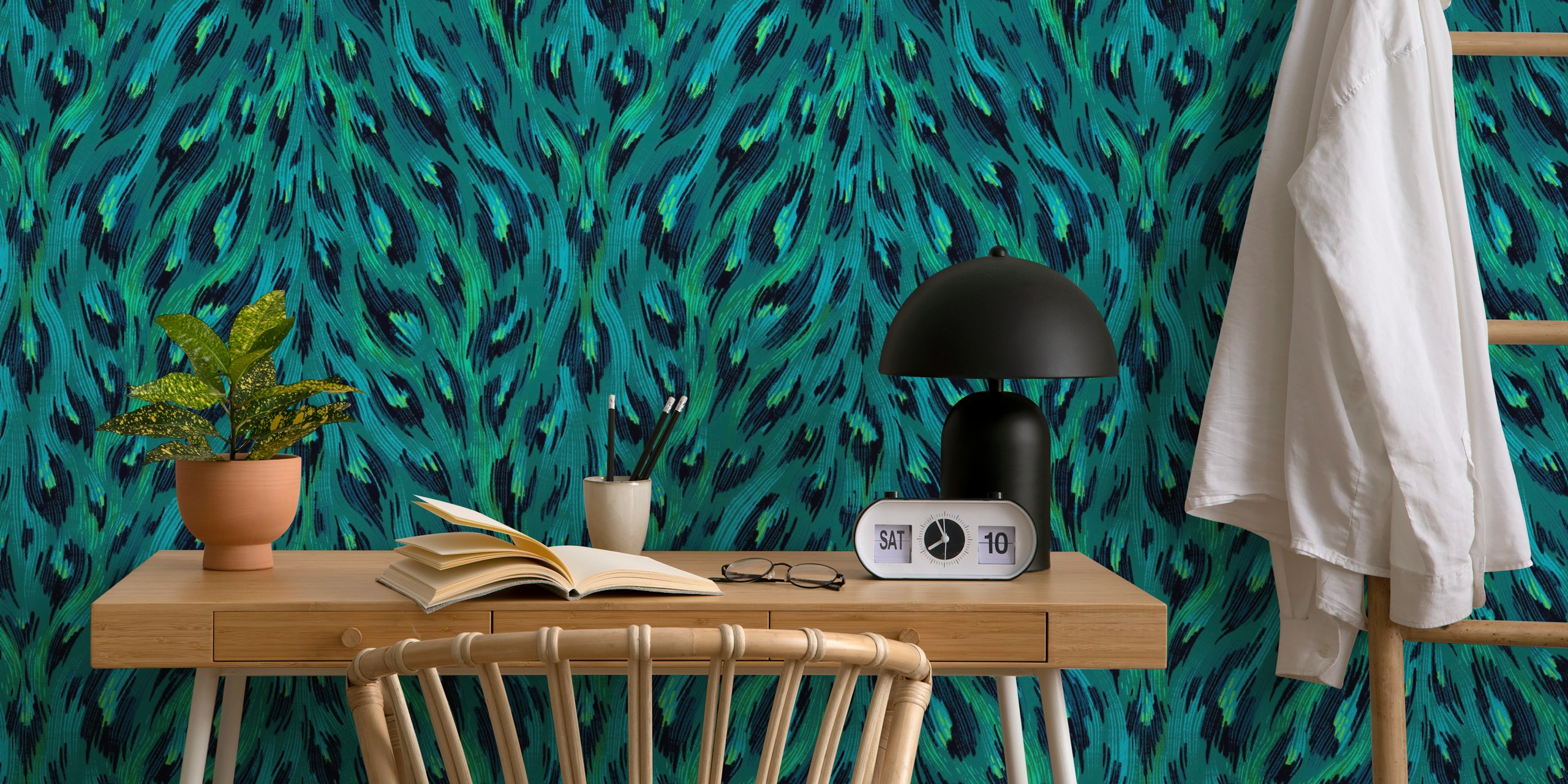 Papel pintado Teal leopard print en una habitación