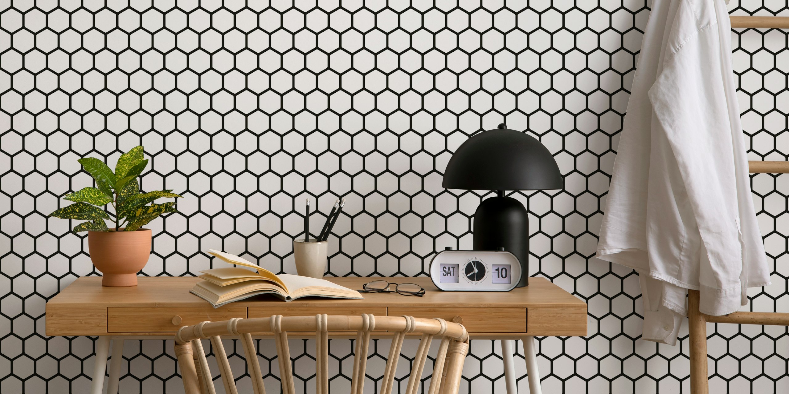 Black and white honeycomb hexagon pattern wallpaper