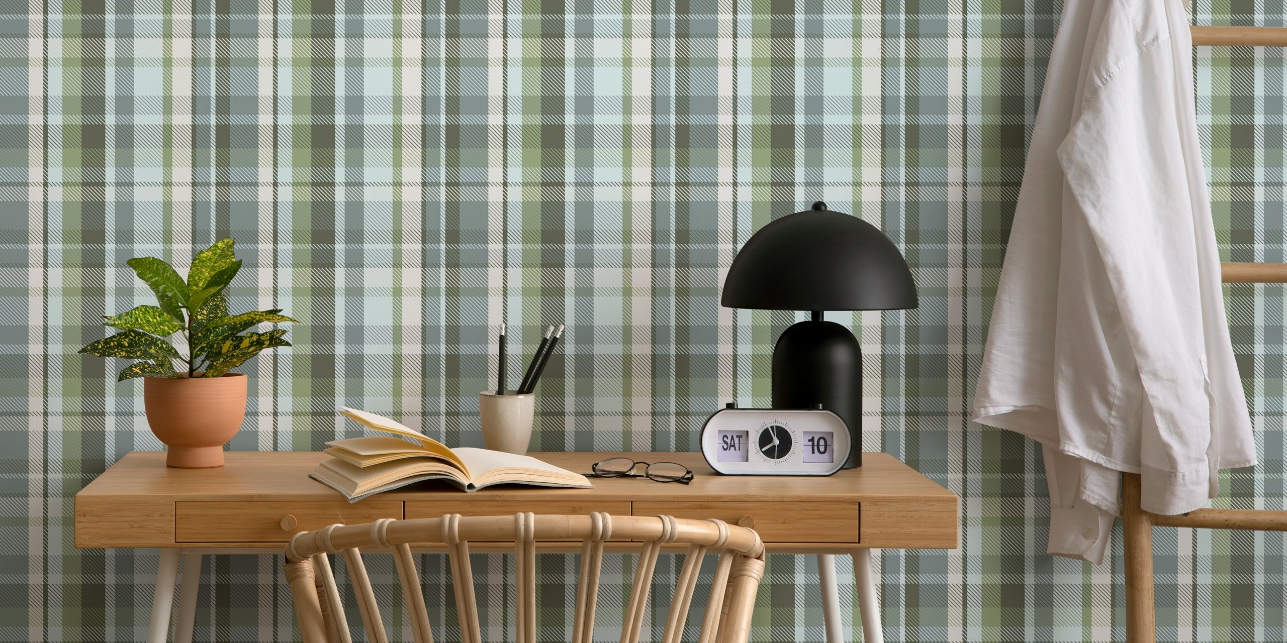 Calm Blue Green Plaid Design papel pintado en una habitación