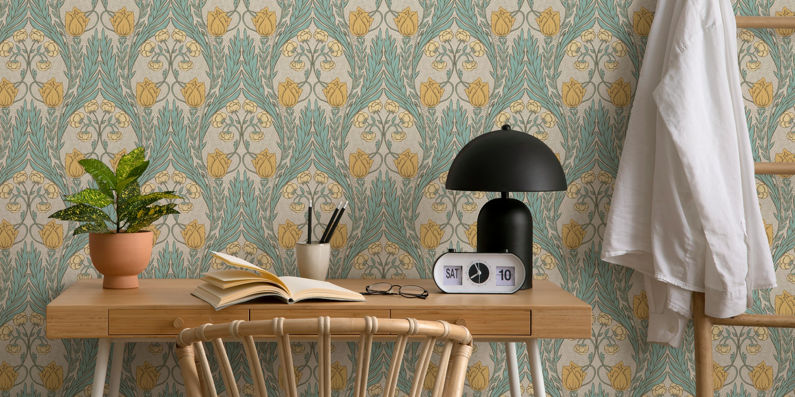 Yellow tulip floral pattern wallpaper with green leaves