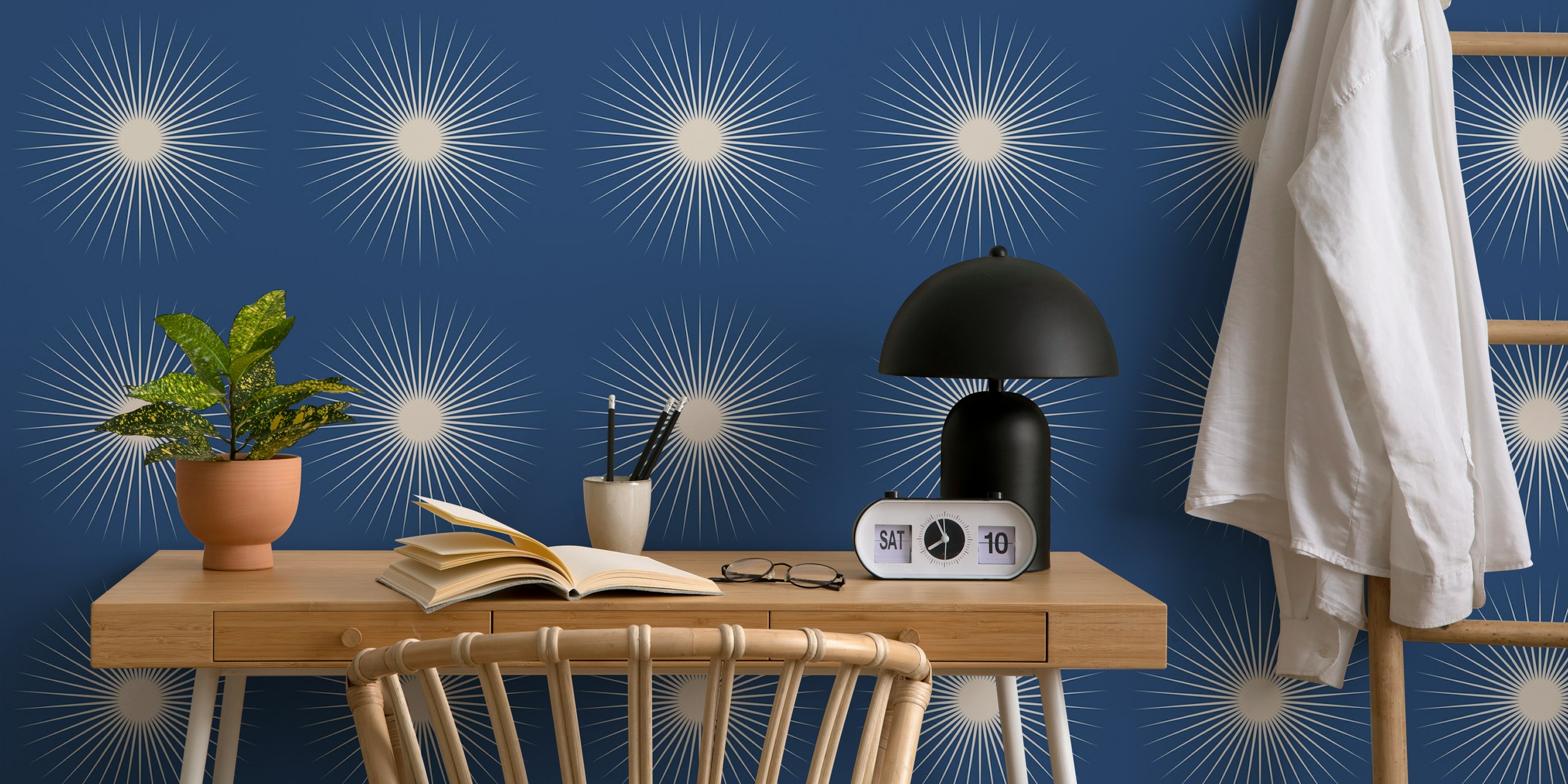 Elegant sunburst wallpaper in deep blue