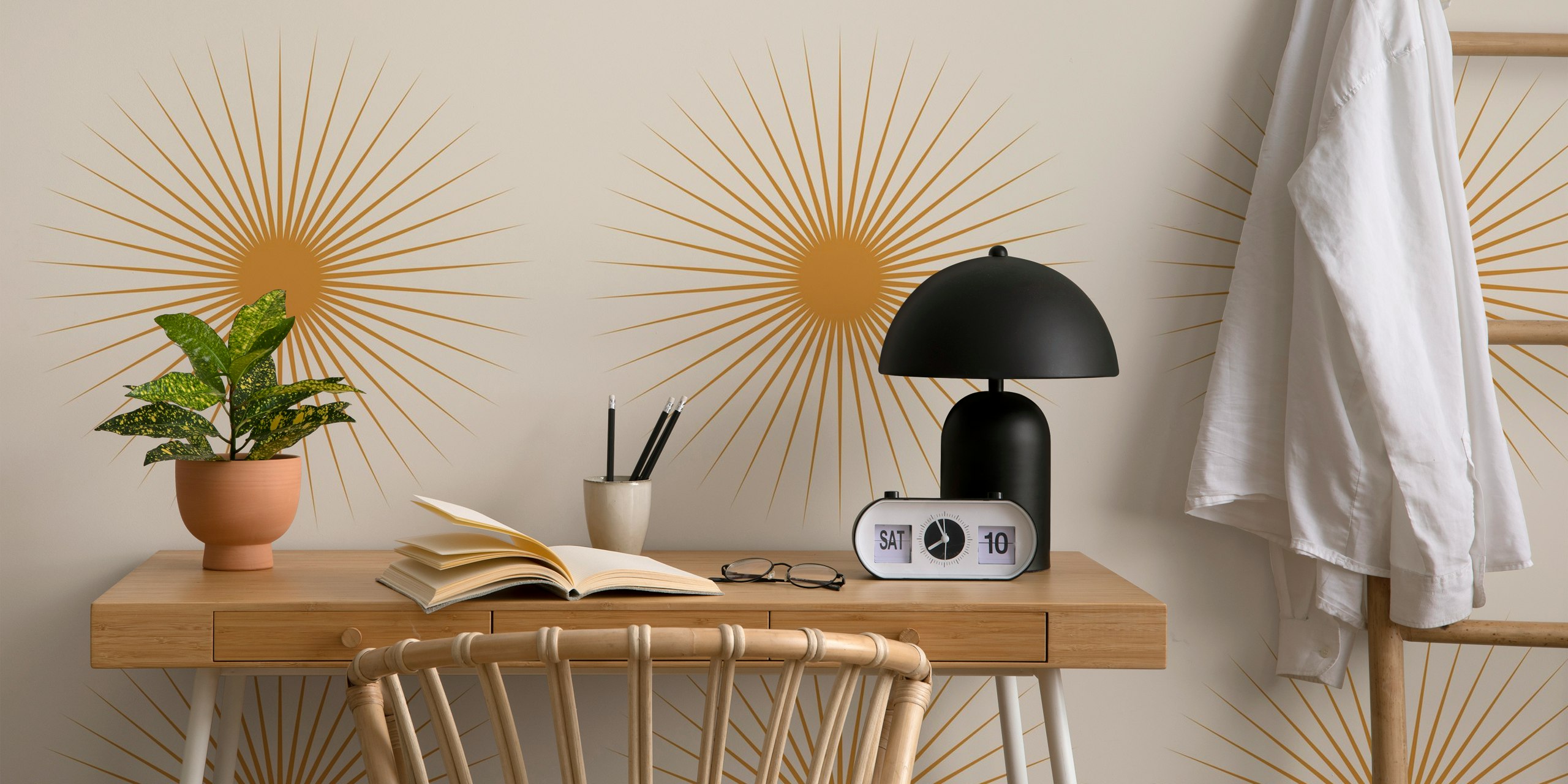 Minimalistisk sunburst wallpaper i et rum