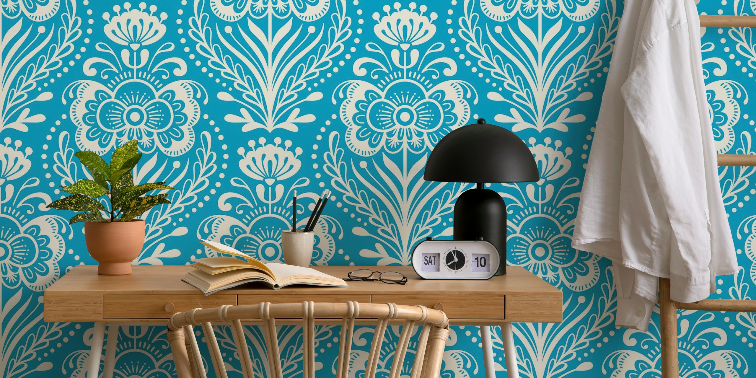 Floral pattern in light blue and white colors wallpaper