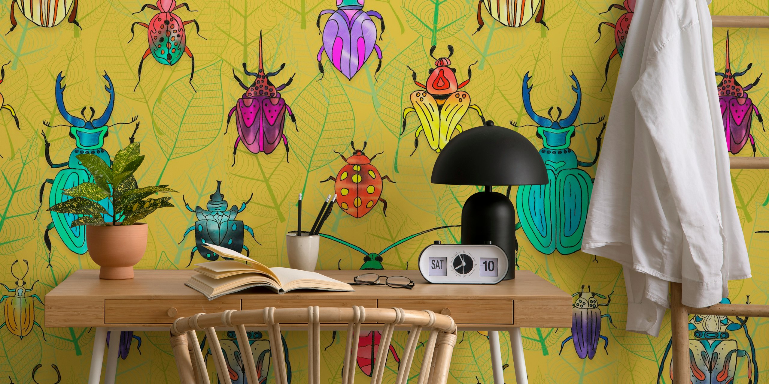 Colorful beetles with yellow background leaf pattern wallpaper