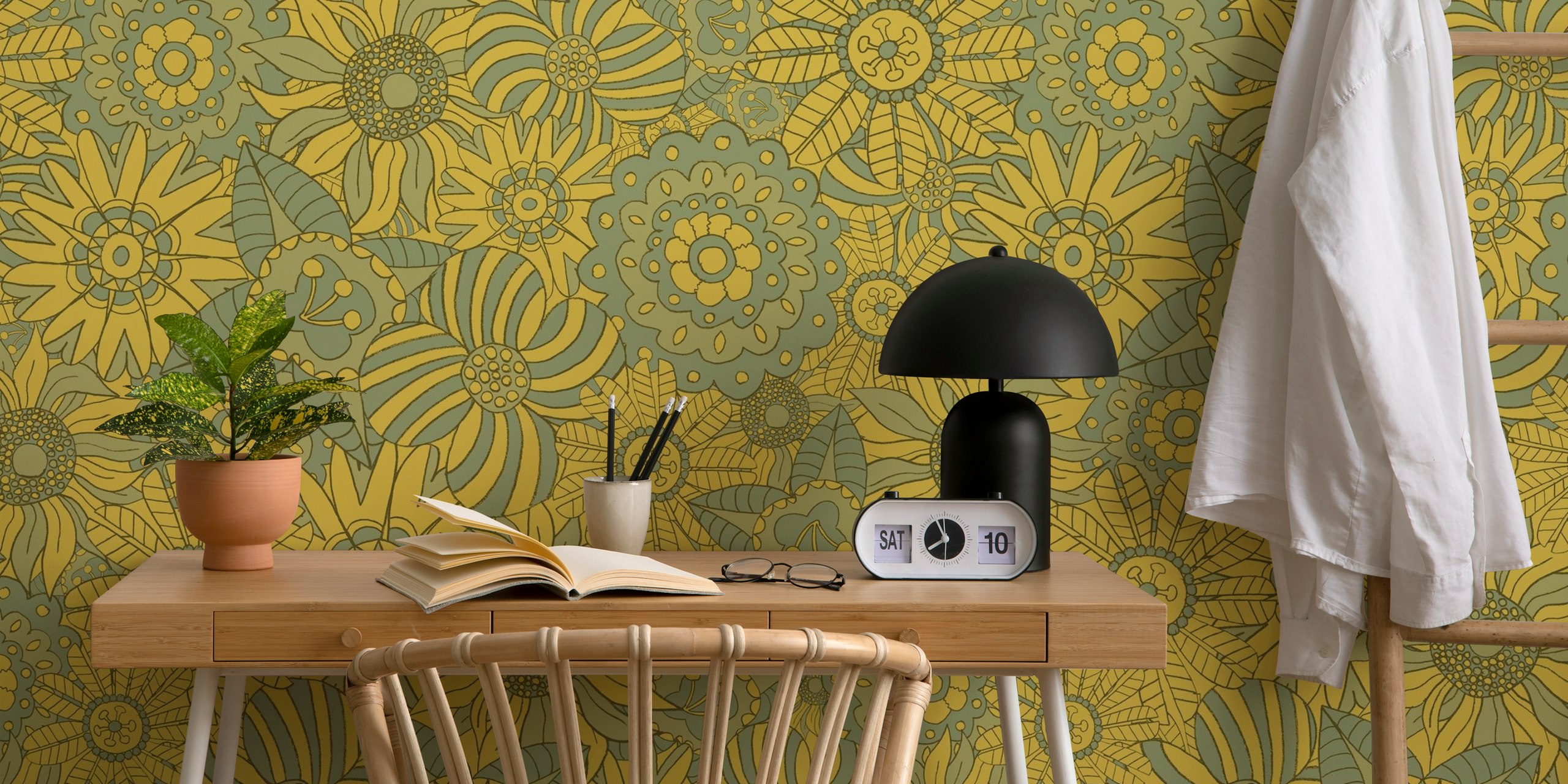 Maximalist retro flowers wallpaper in a room
