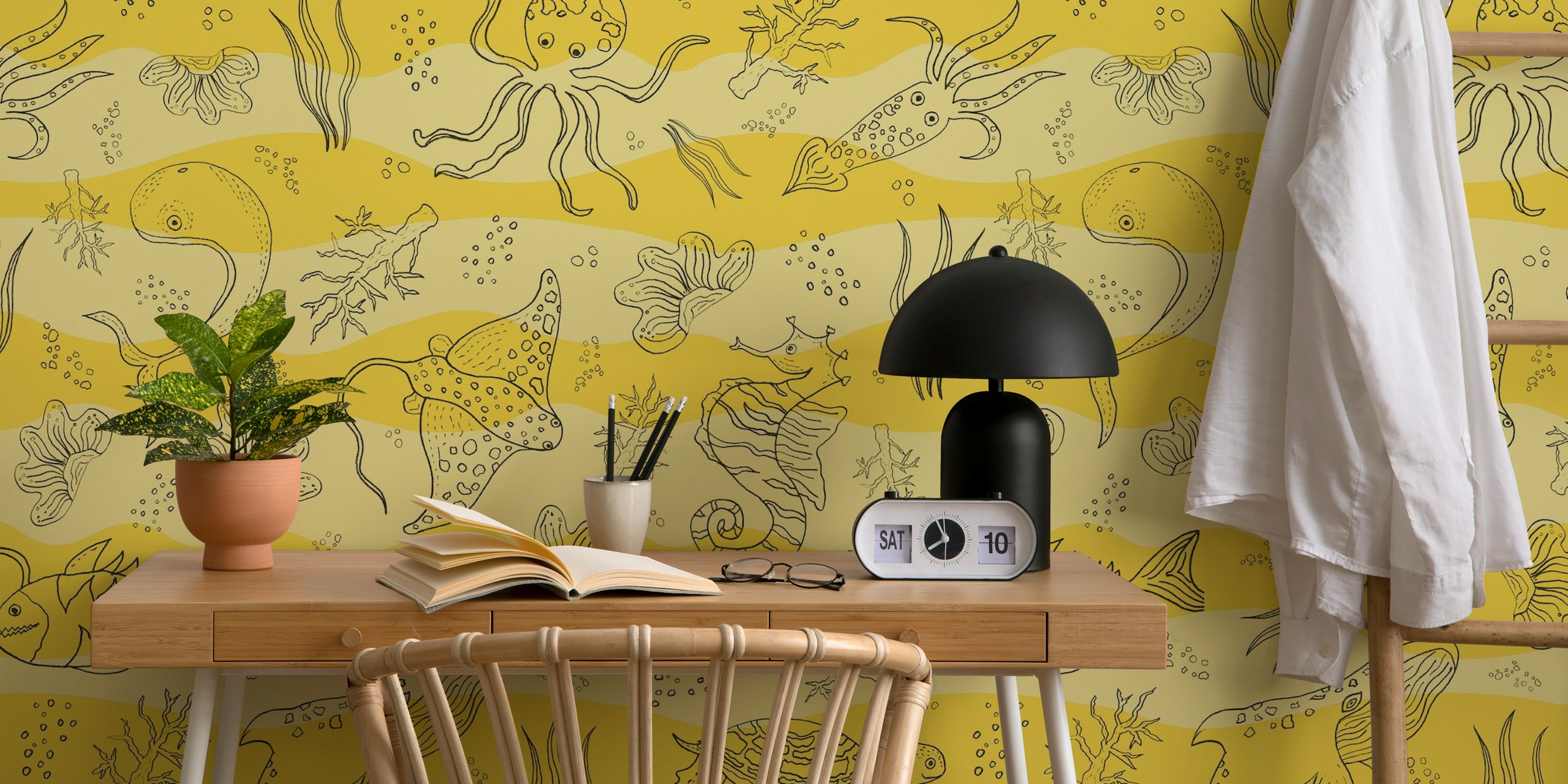 Yellow waves with sea creatures like fish and sea turtles wallpaper
