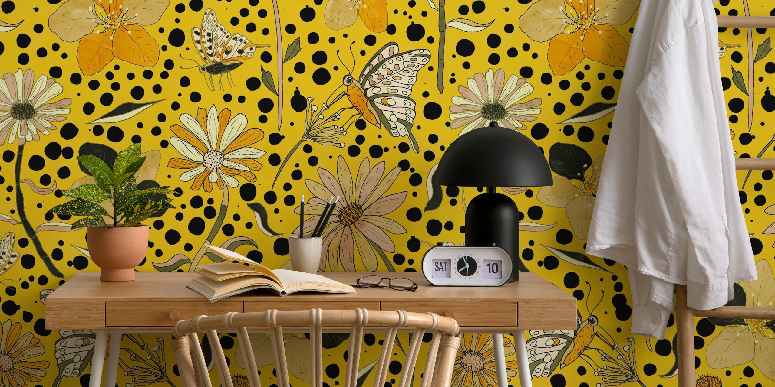 Butterflies and flowers on a yellow background with black dots wallpaper