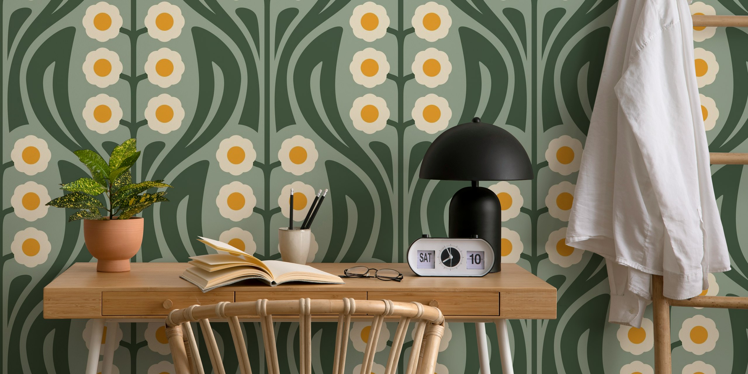 Papier peint Vintage Retro Daisy Harmony Green dans une pièce