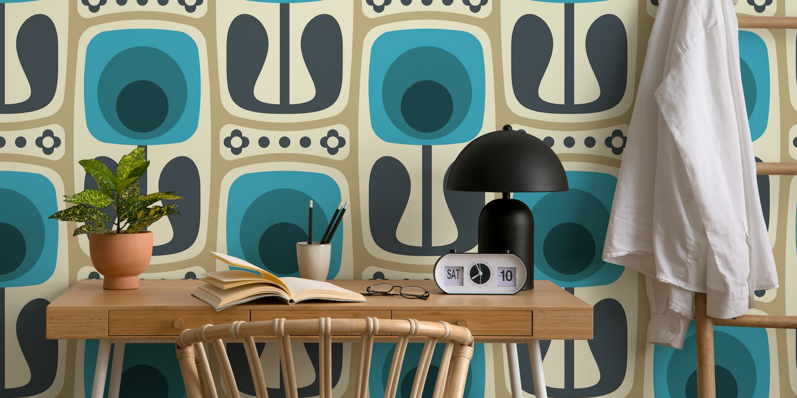 Retro floral design in blue and gray tones wallpaper
