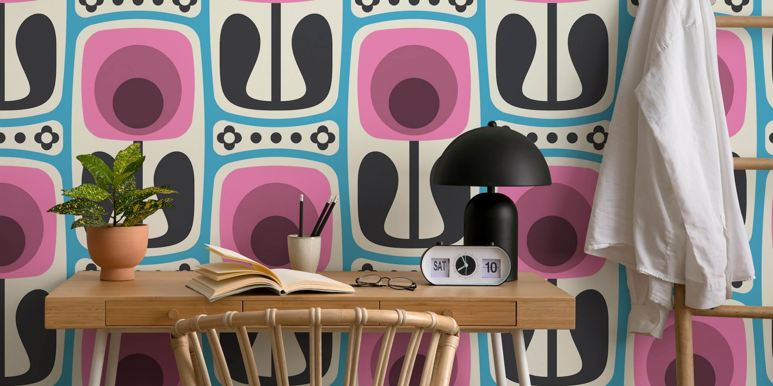 Nostalgic Retro Blooms Pink Blue zidna obloga u sobi