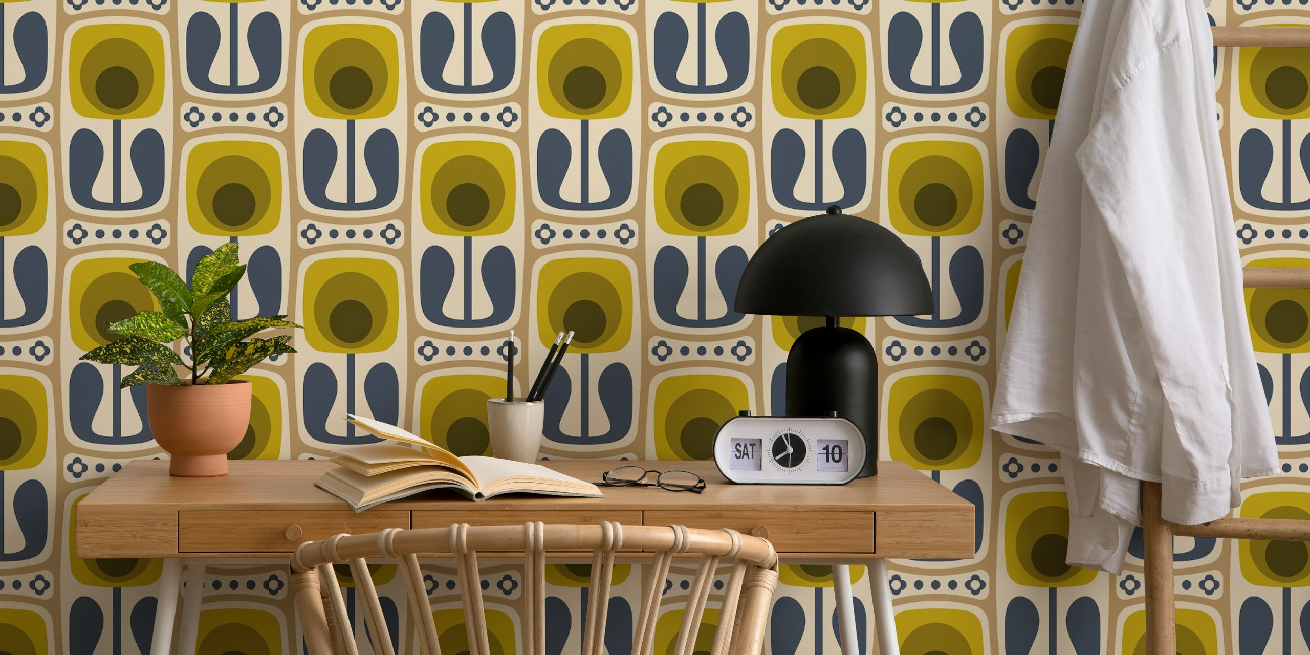 Nostalgic Retro Blooms Green Beige wallpaper in room