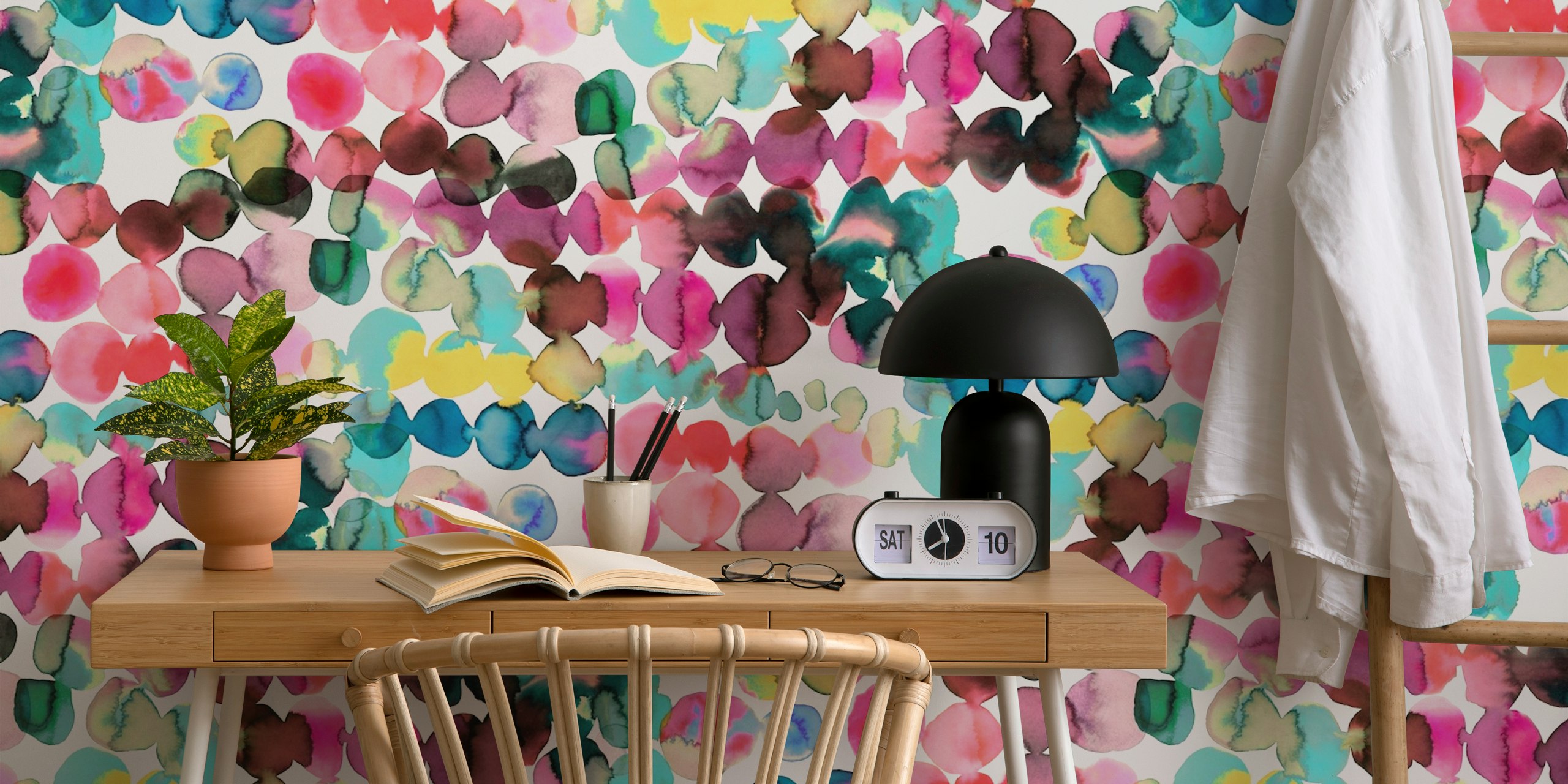 Colorful watercolor bubble pattern in pink, green, blue, and yellow wallpaper