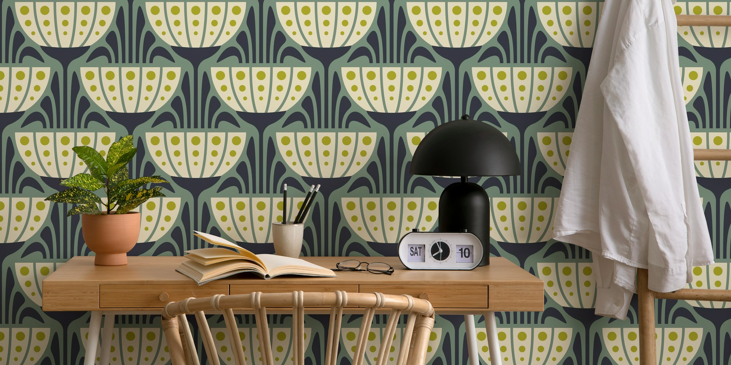Mid-Century Blossoms in Green tapettimalli