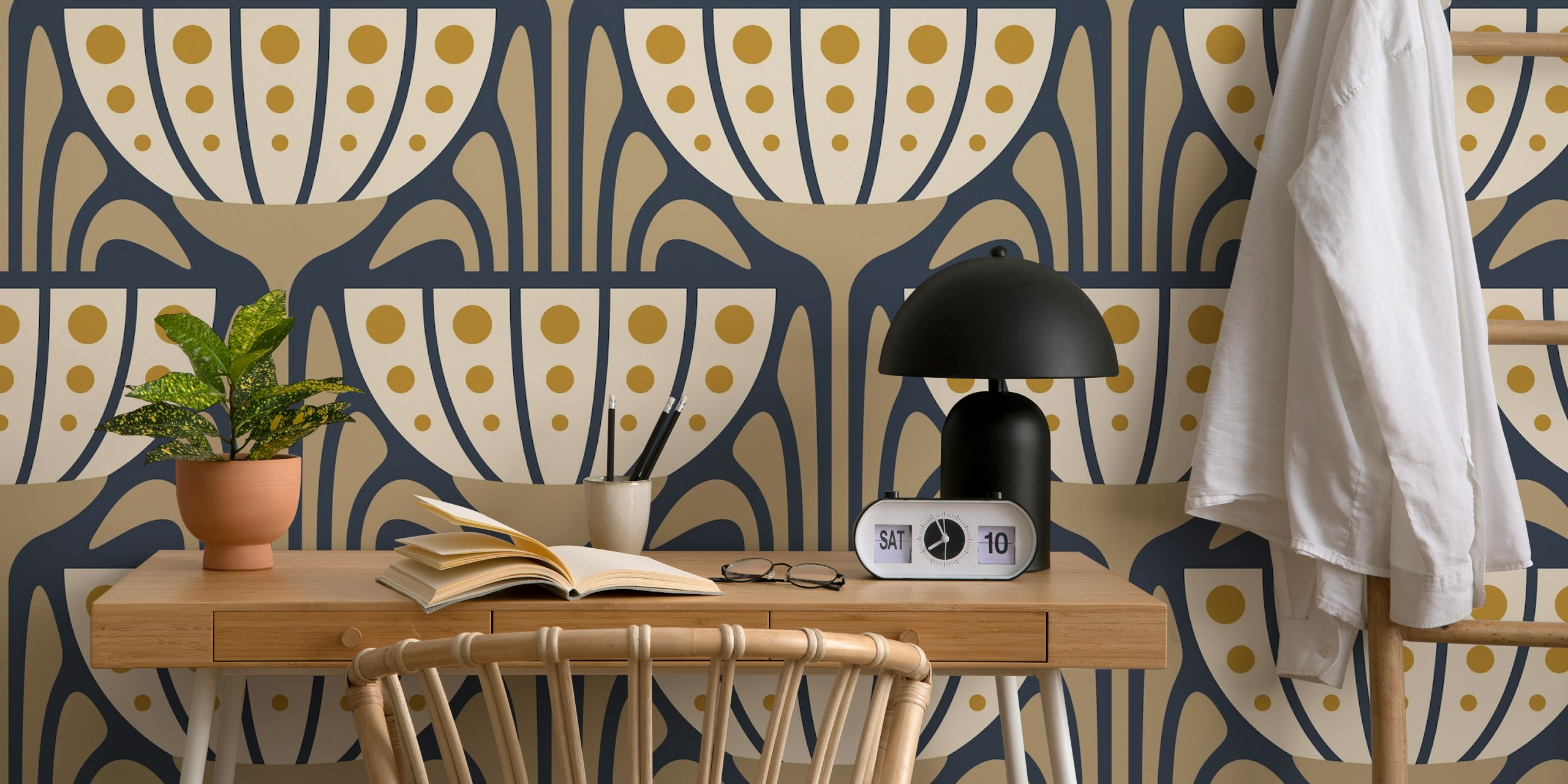 Mid-Century Blossoms in beige e giallo carta da parati