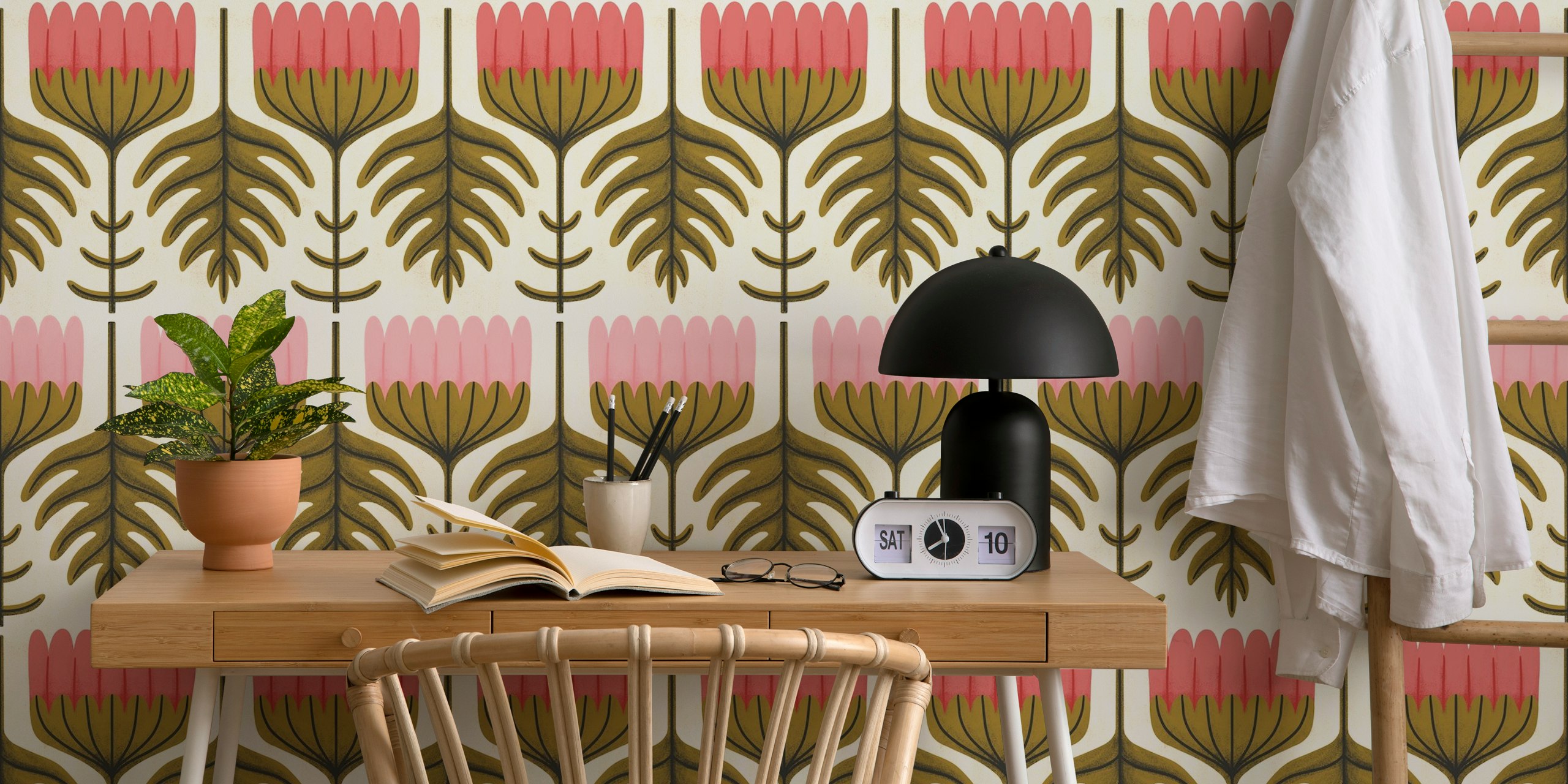 Retro pink floral wallpaper featuring bold blooms and green leaves