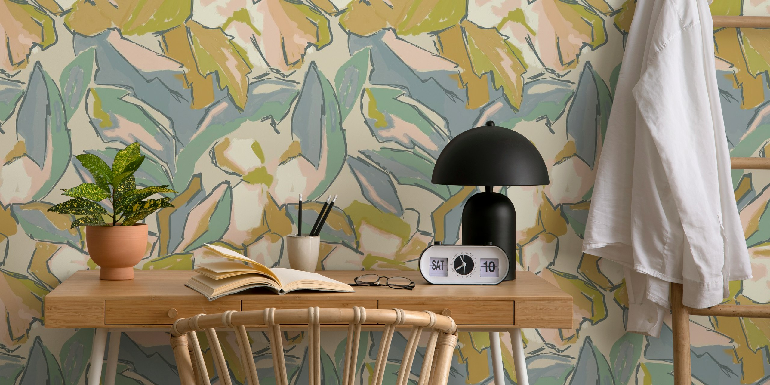 Pastel floral leaves on a beige background wallpaper