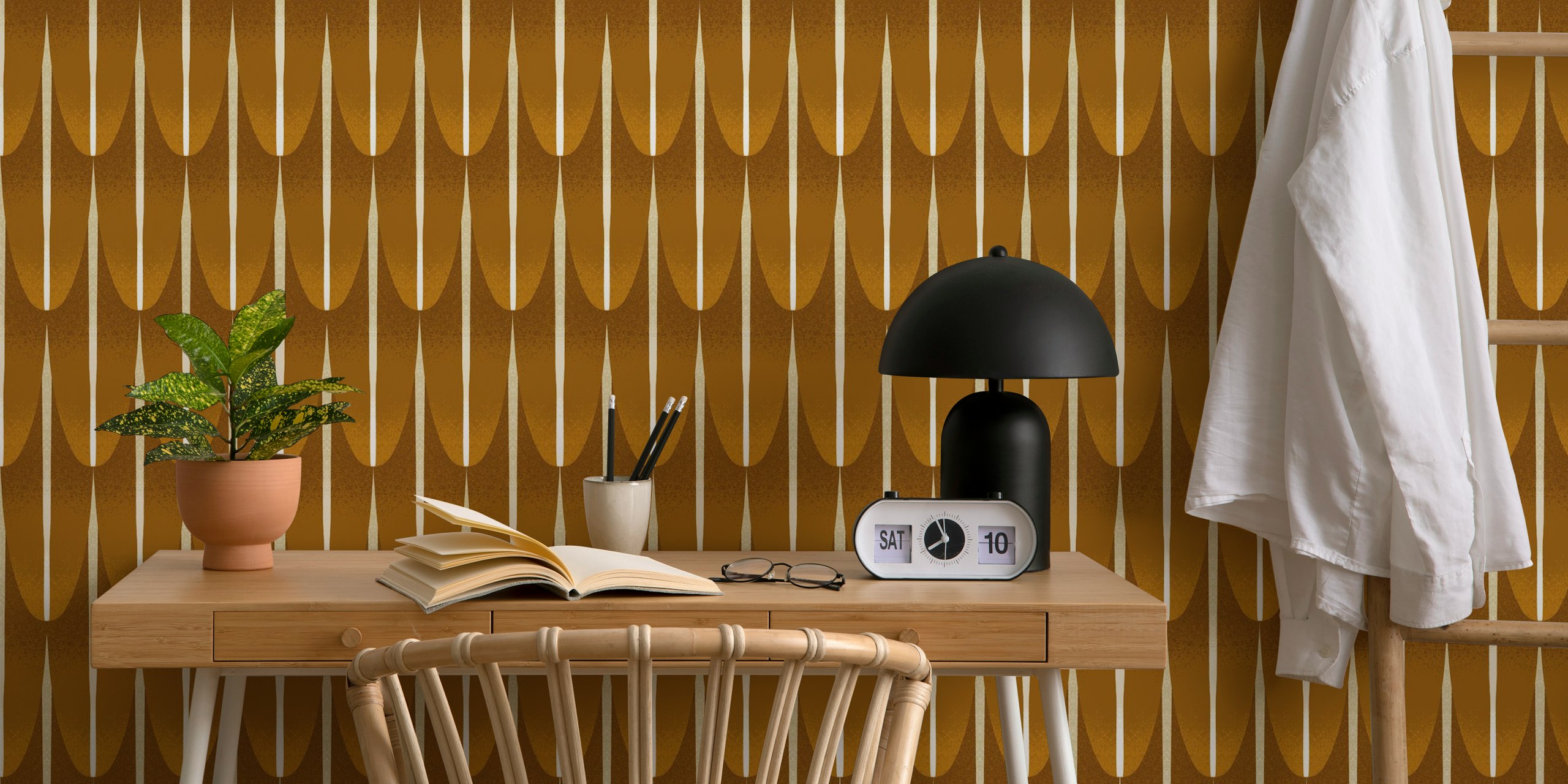 Tropical Feathers gold wallpaper in a room