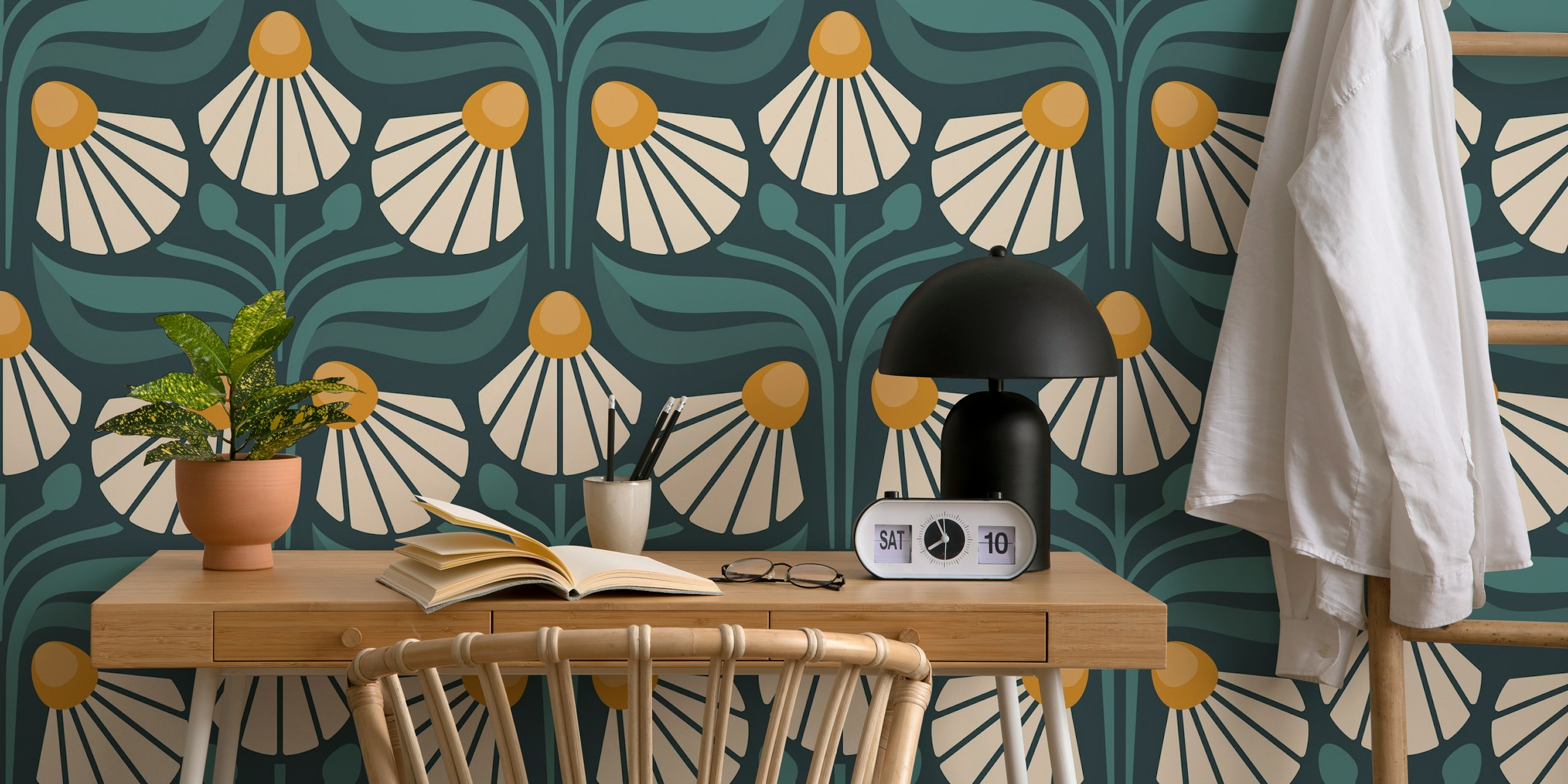 Vintage floral design with green leaves and cream blossoms wallpaper
