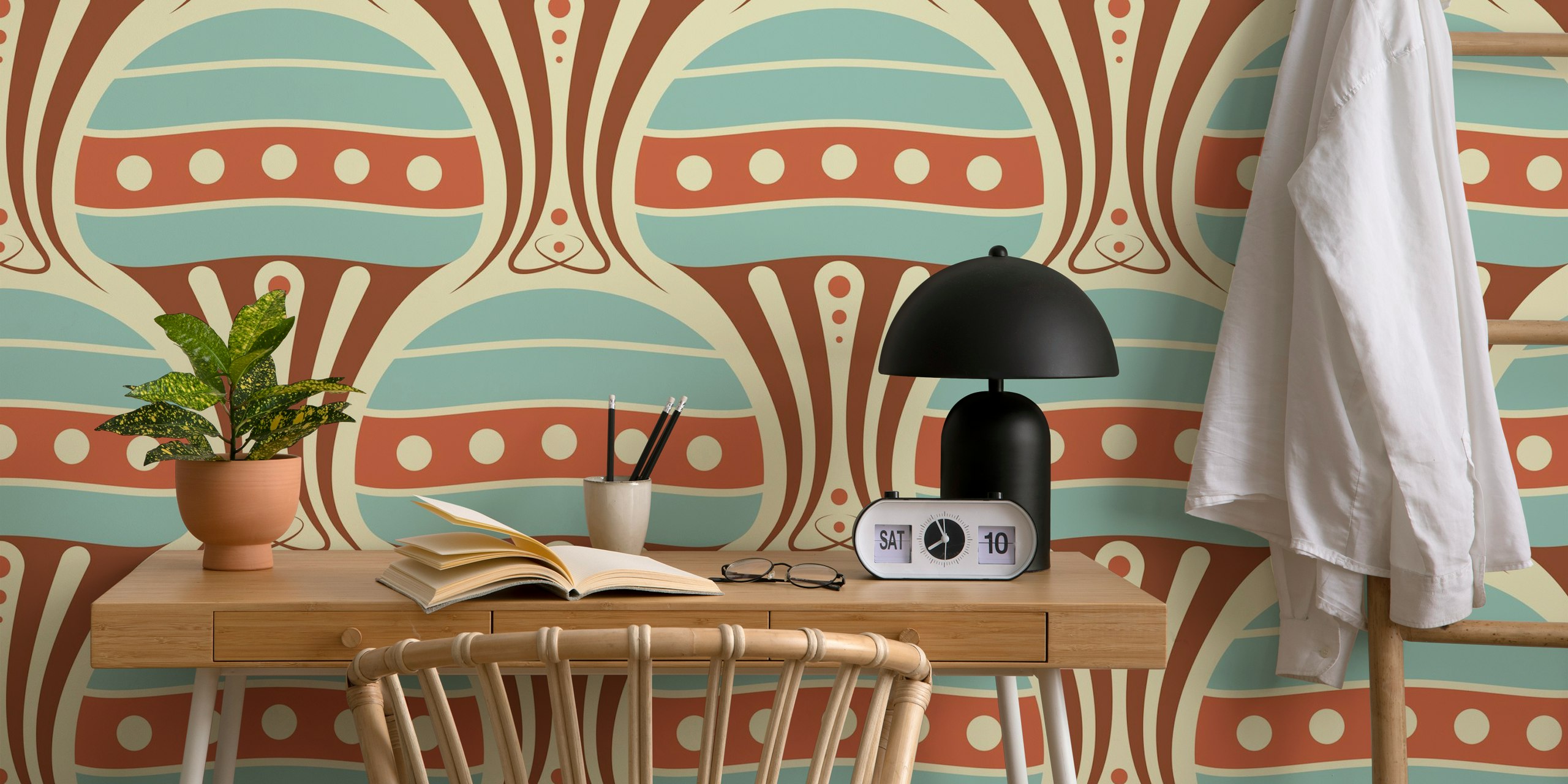 Vintage jellyfish pattern in red and turquoise colors wallpaper