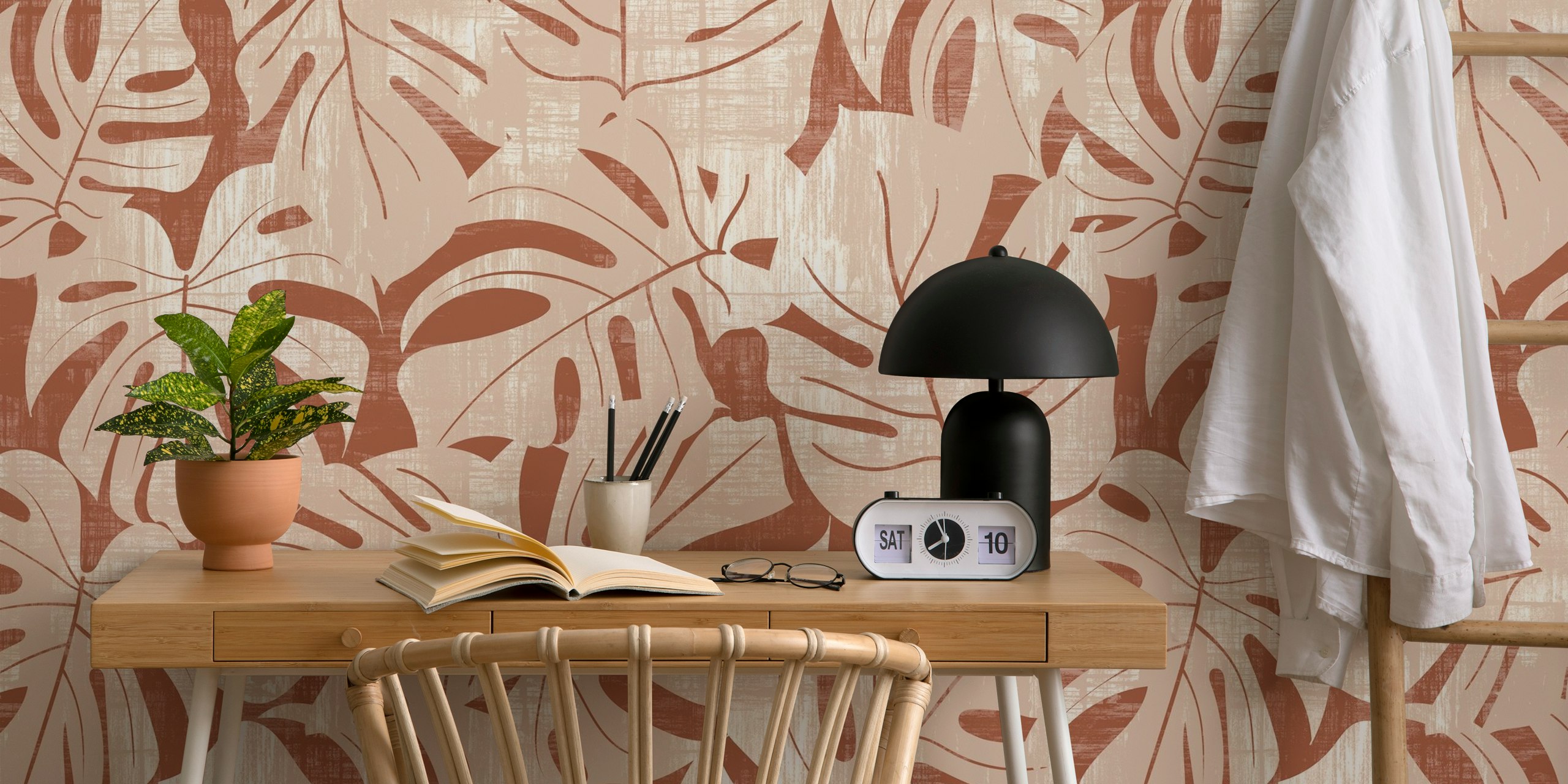 Jungle leaves pattern in warm nude and auburn brown, botanical wallpaper