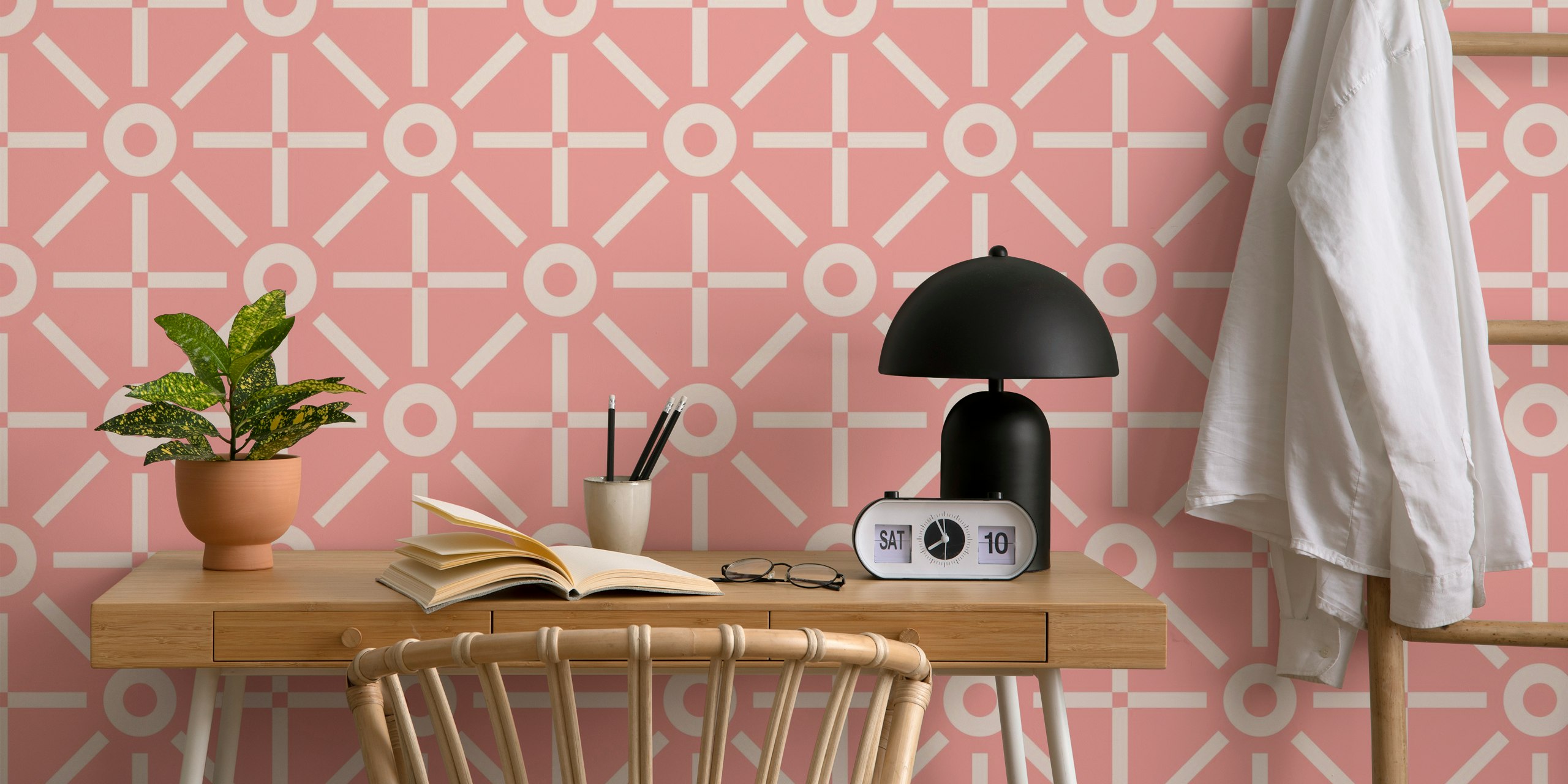 Pink geometric pattern with circles and lines wallpaper