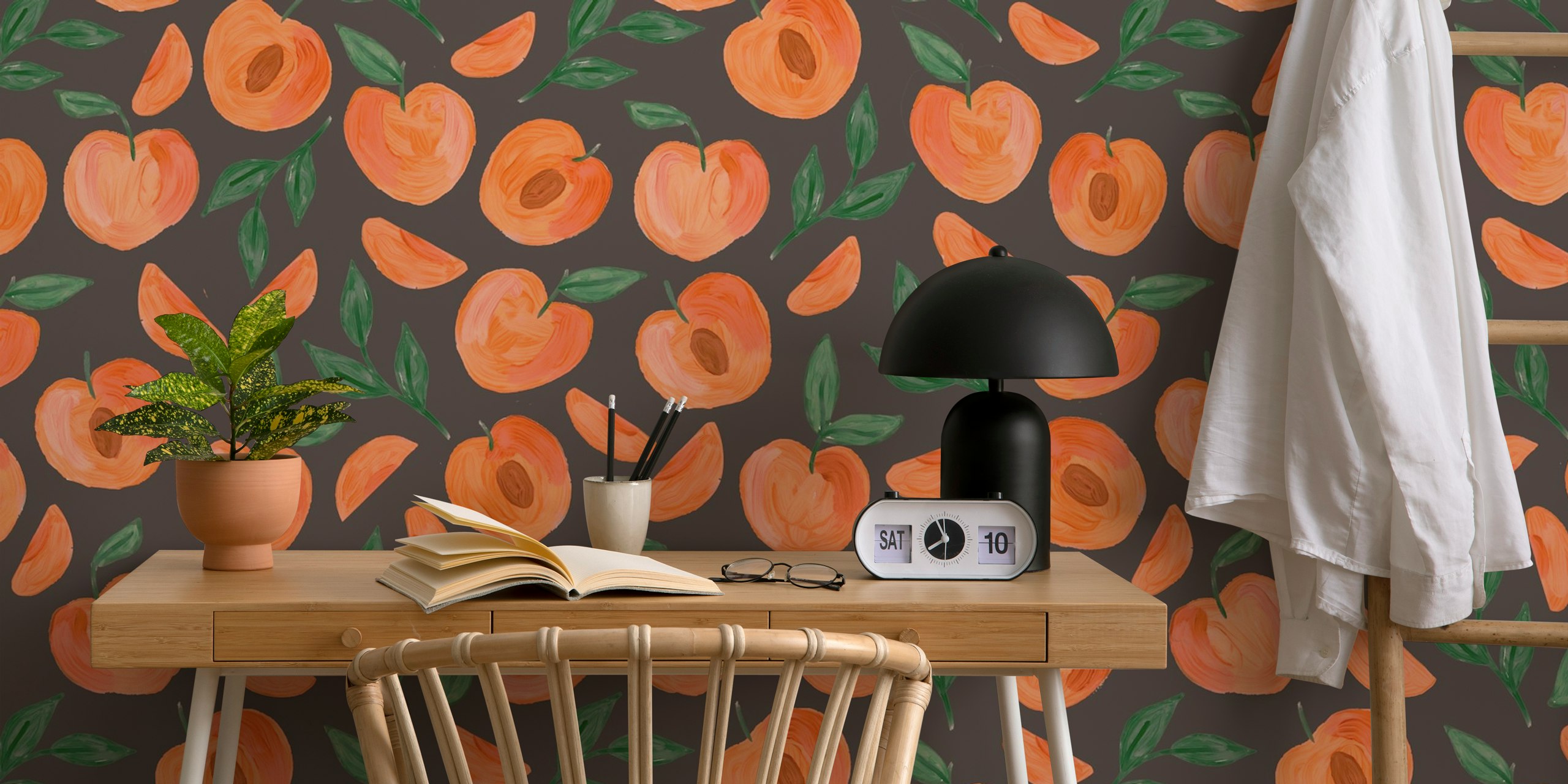 Wallpaper with pink peaches pattern on black