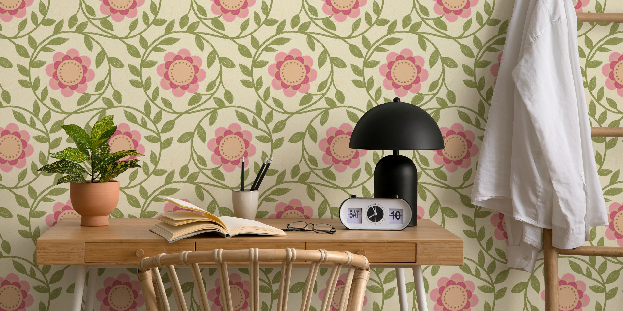 Vintage Floral en Pink and Green sobre Beige