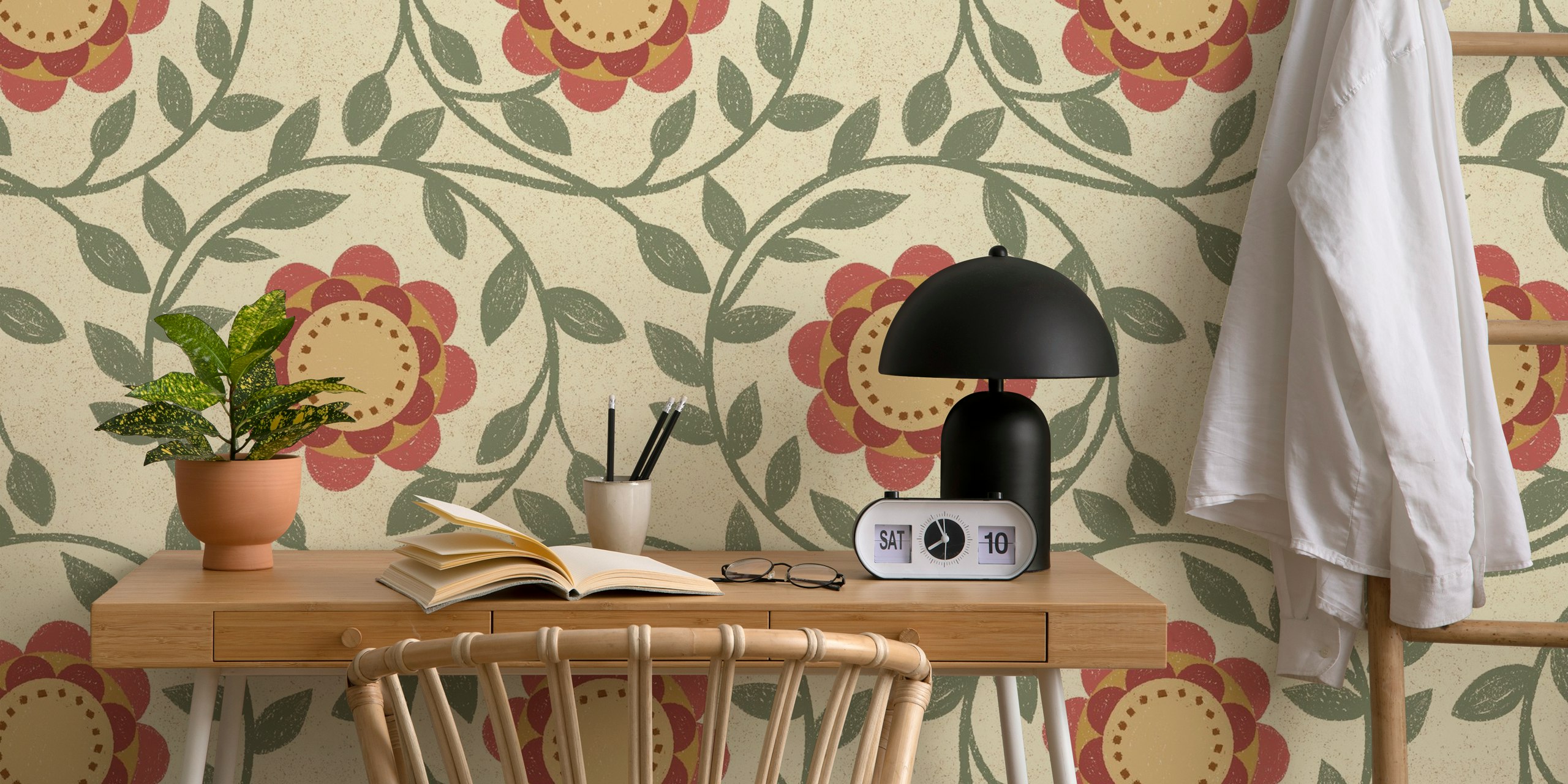 Muted green and red floral pattern wallpaper with vines