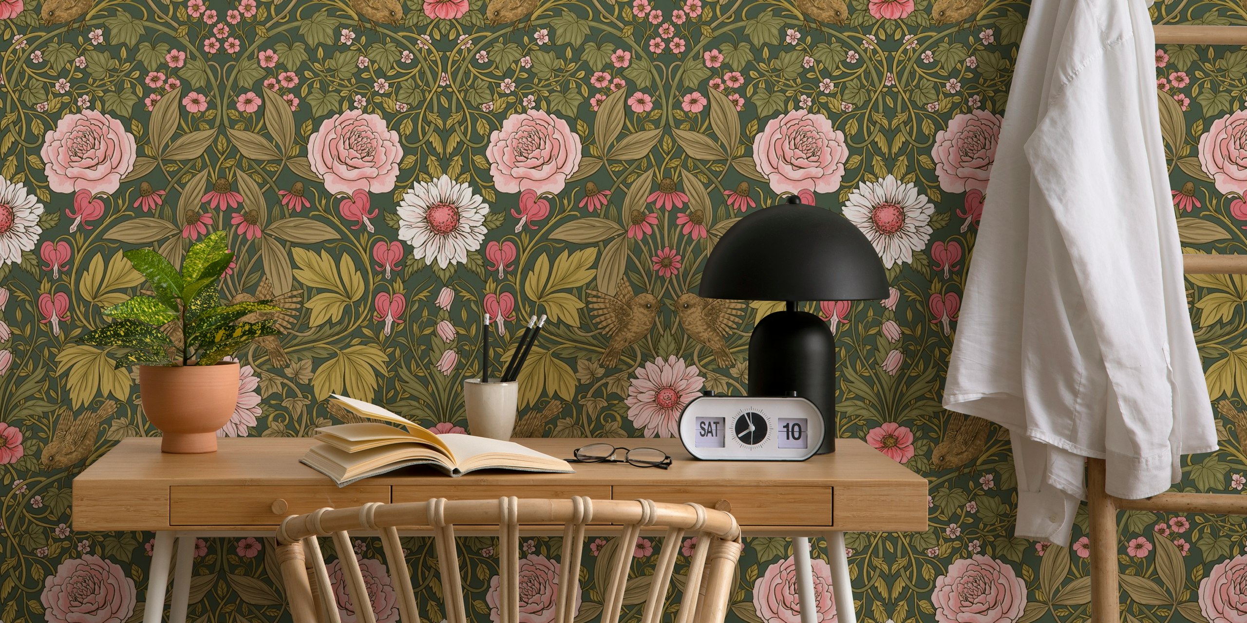 Floral pattern with pink roses and green leaves wallpaper