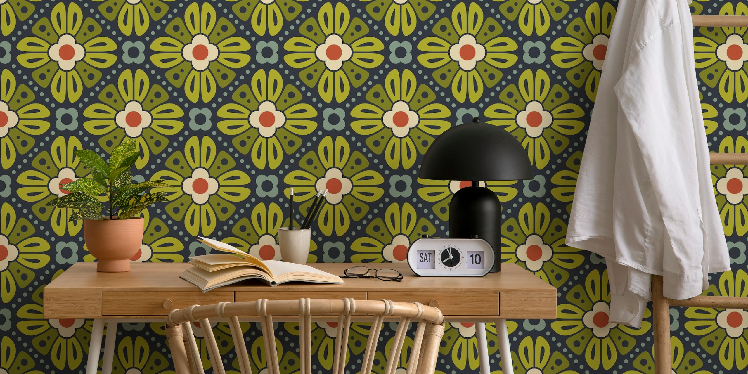 Retro floral pattern with green, red, and cream colors wallpaper