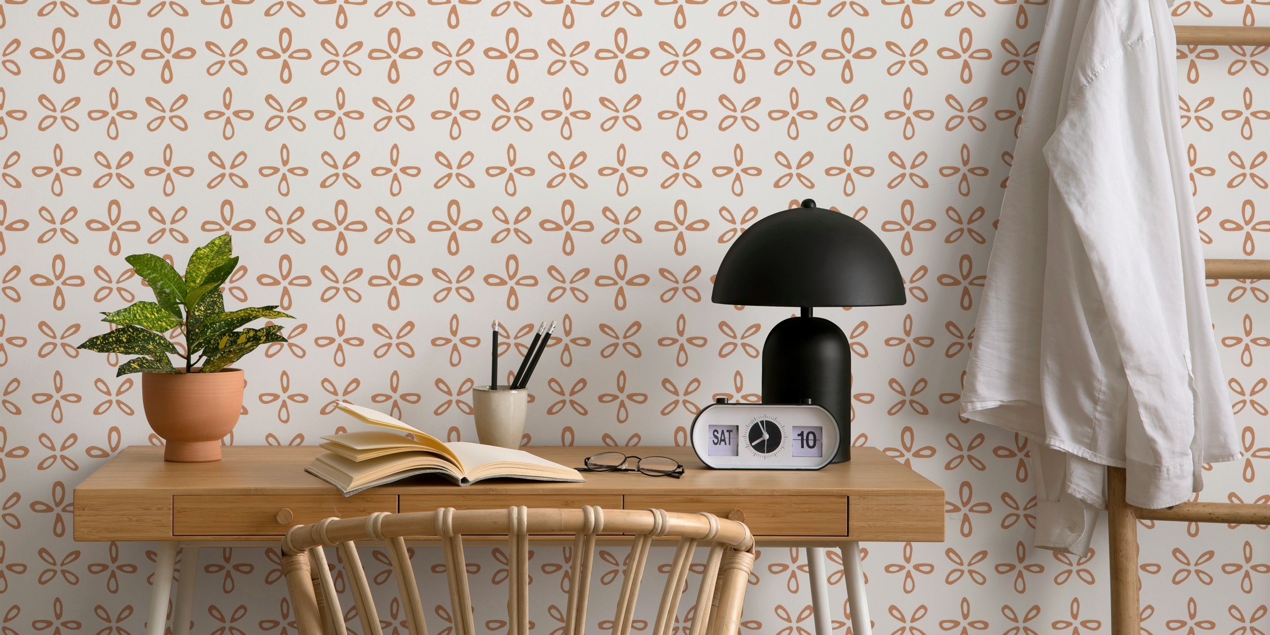 Brown geometric flower patterns on light background wallpaper