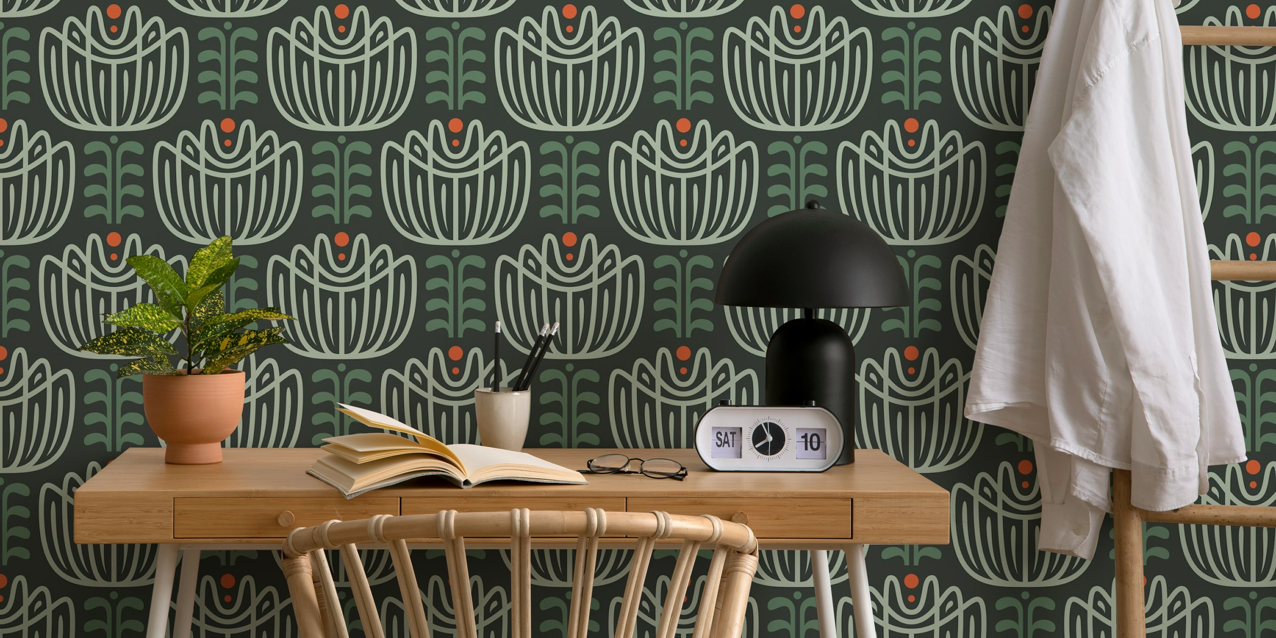 Stylized tulip design in dark green with floral elements wallpaper