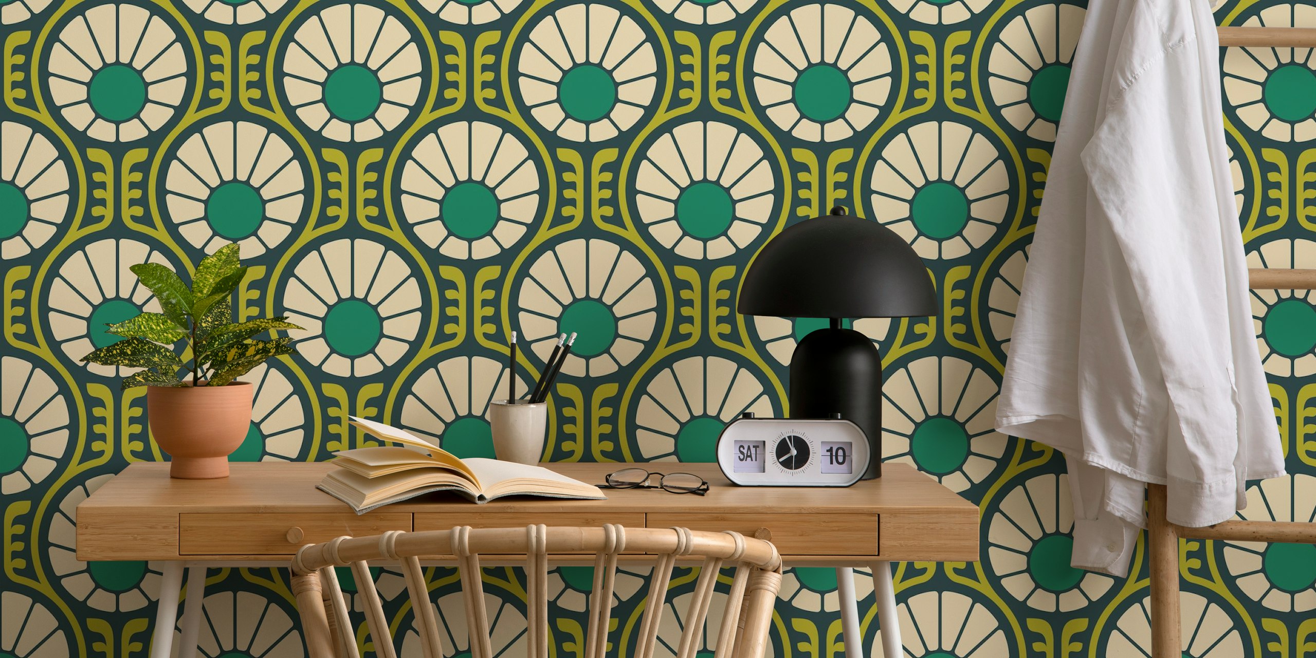 Retro Daisy Delight in Green wallpaper design