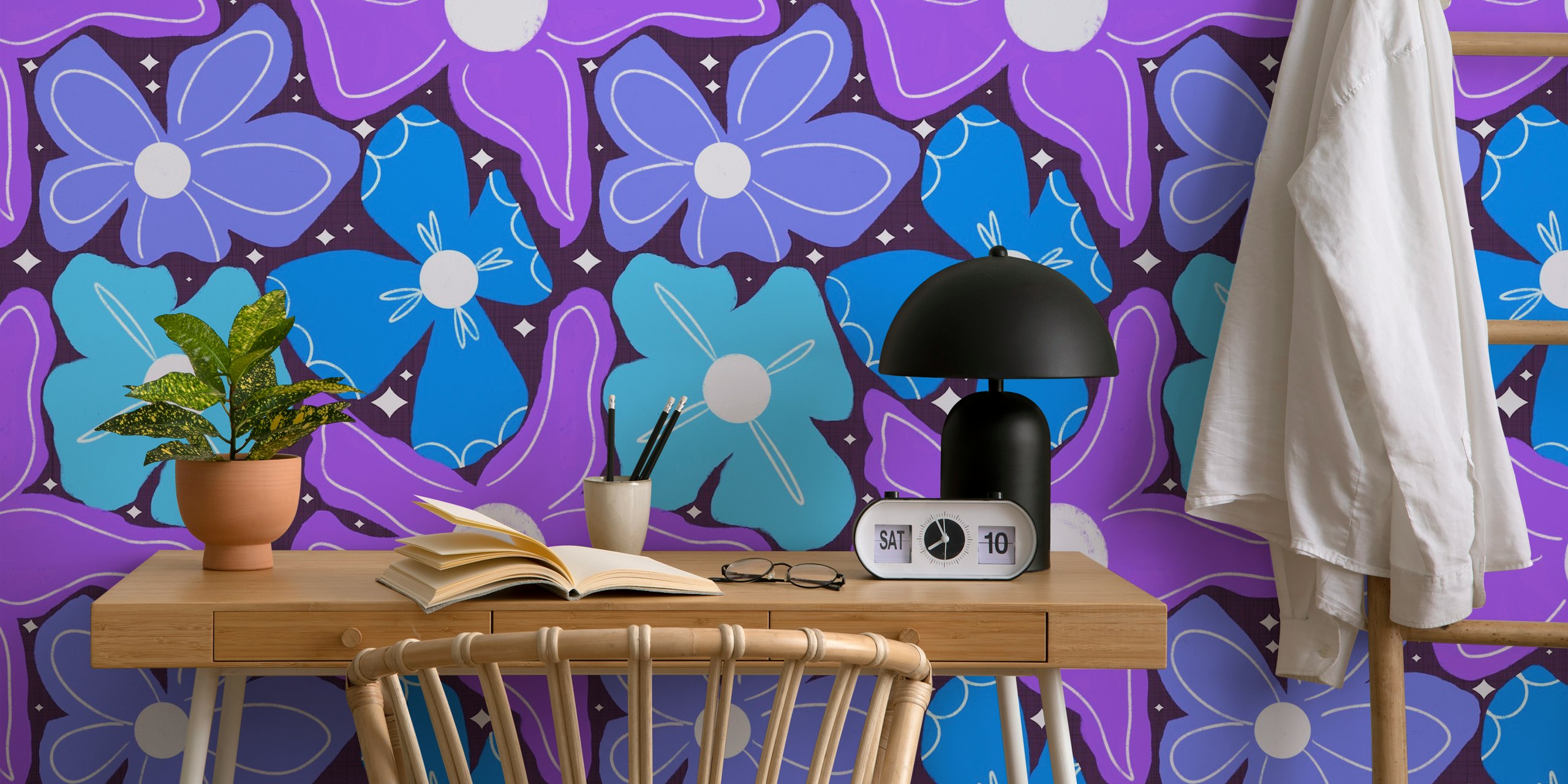 Groovy Petal Retro Garden Floral Blue carta da parati