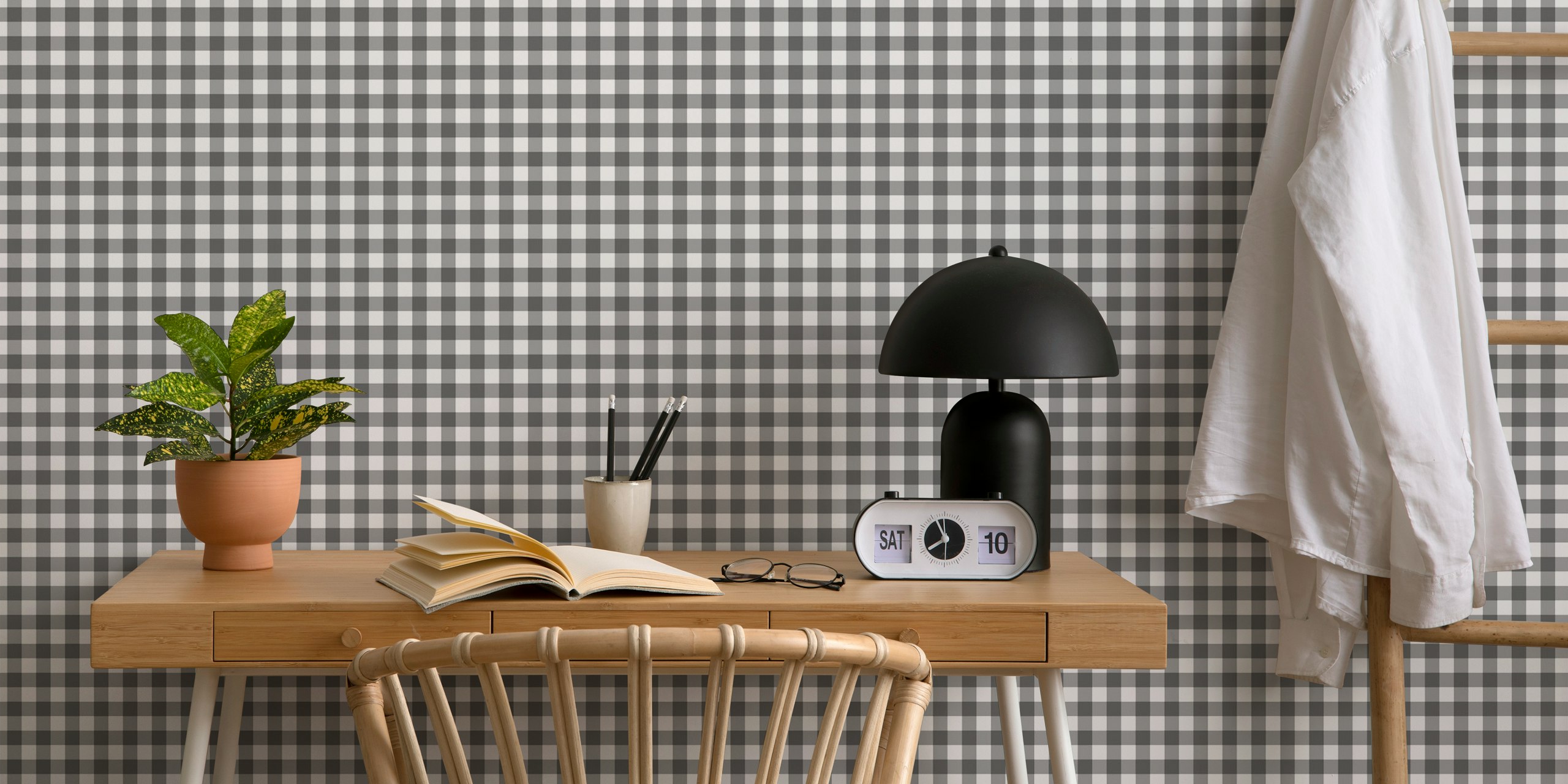 Grey and white gingham check pattern wallpaper
