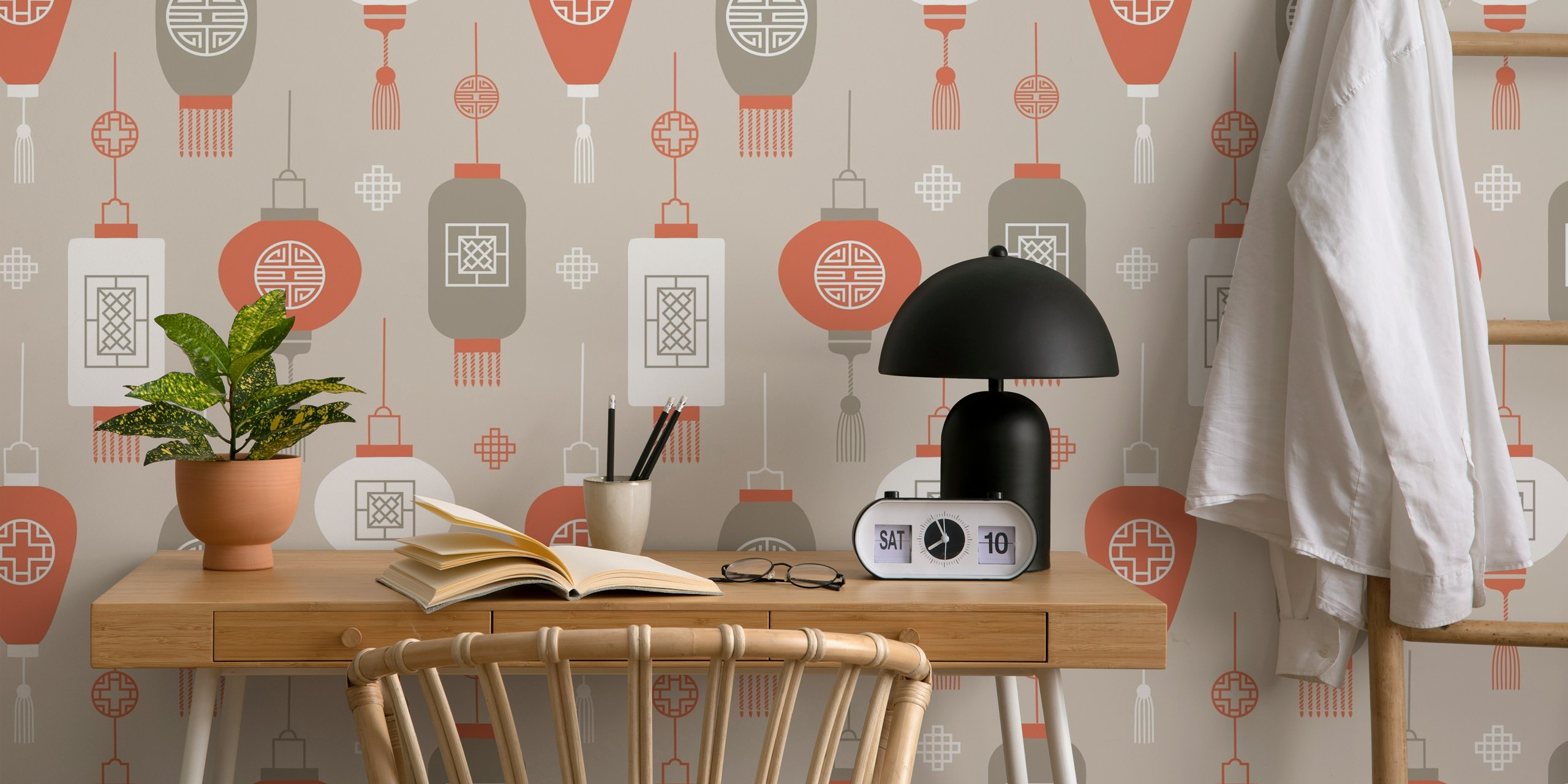 Chinese lantern designs in ochre, white and gray wallpaper