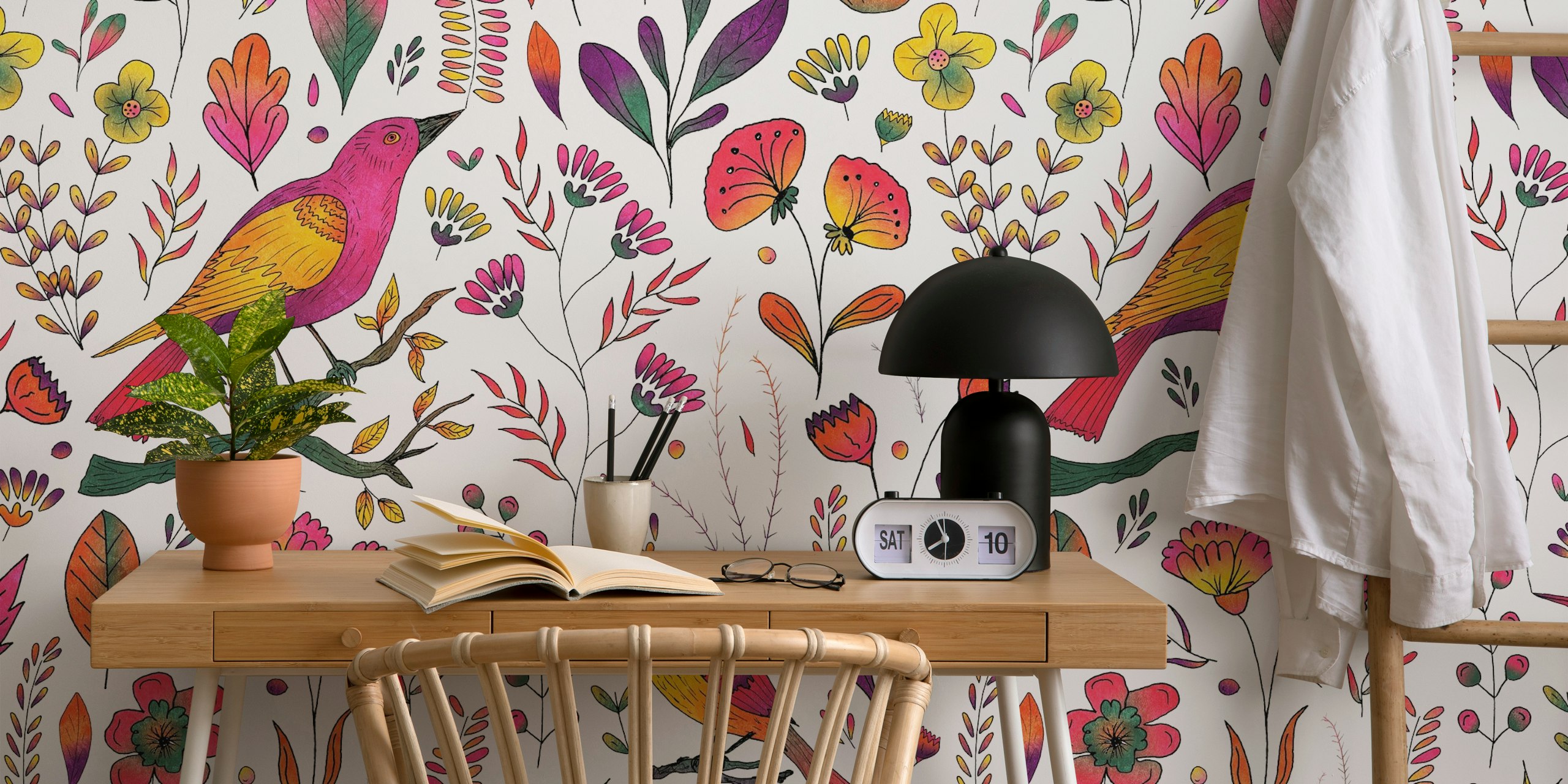 Colorful songbirds and flowers on a white background wallpaper