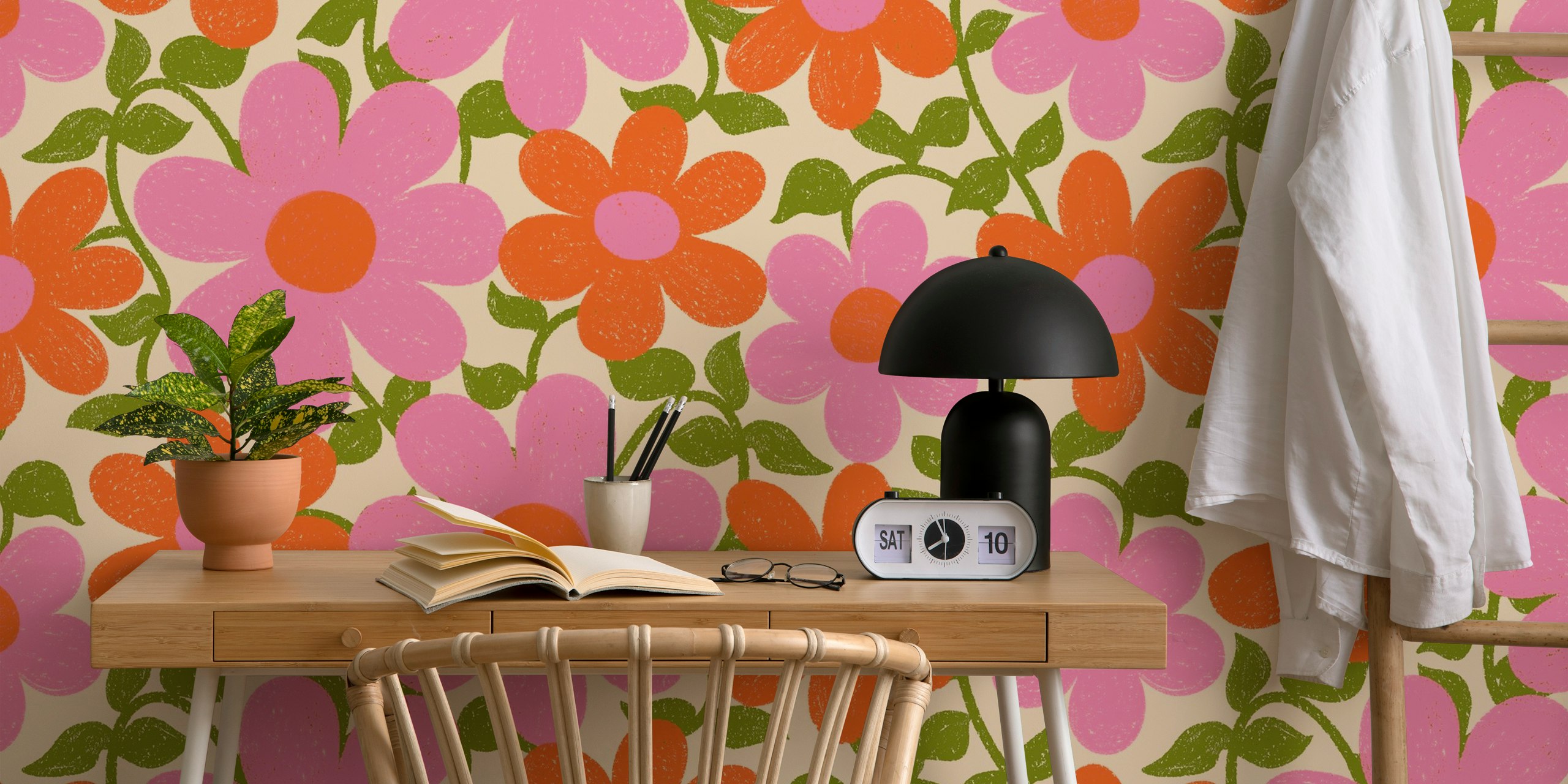 Bright pink and orange flowers with green leaves wallpaper