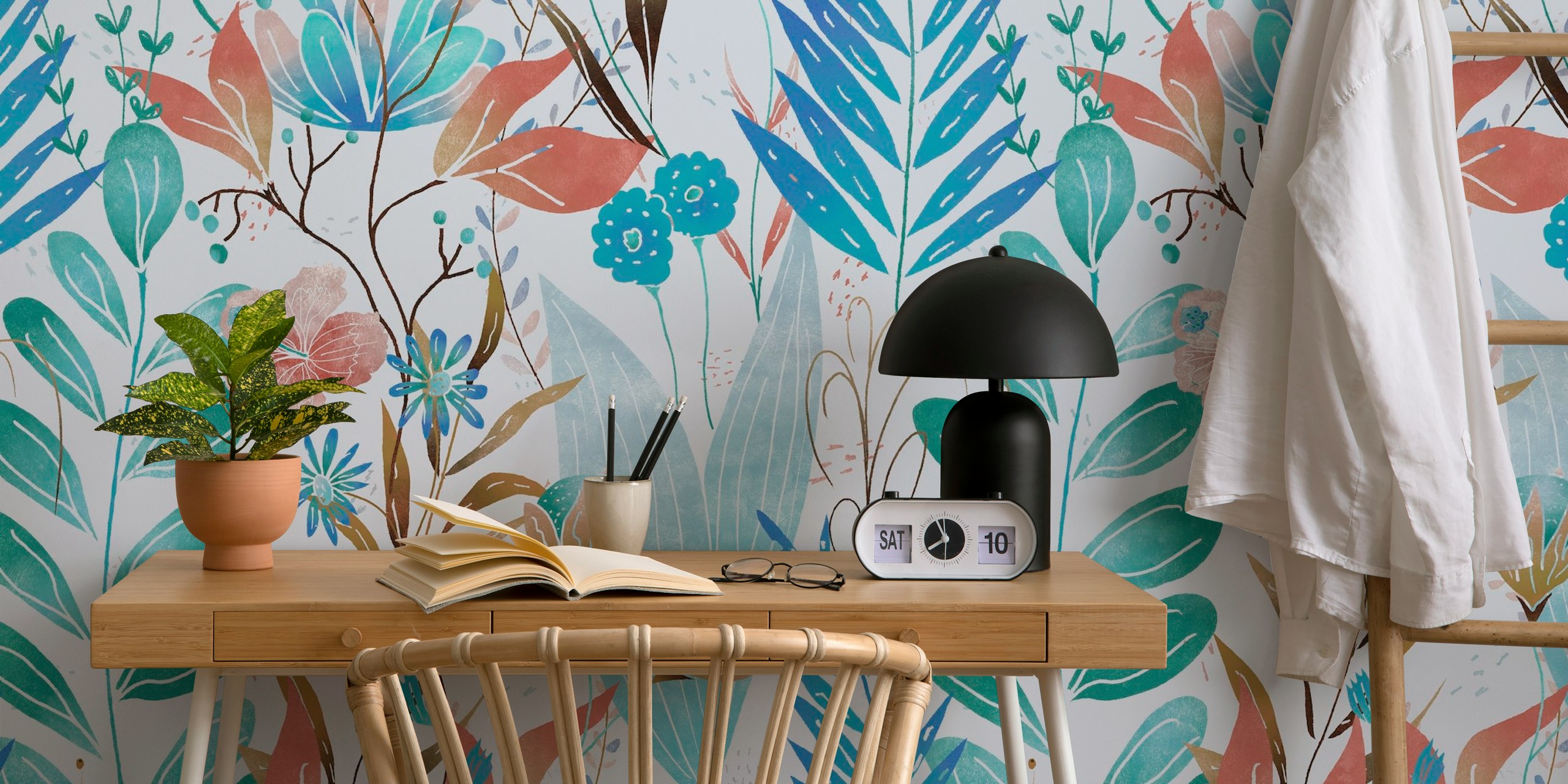 Blue floral wallpaper with various plants and flowers