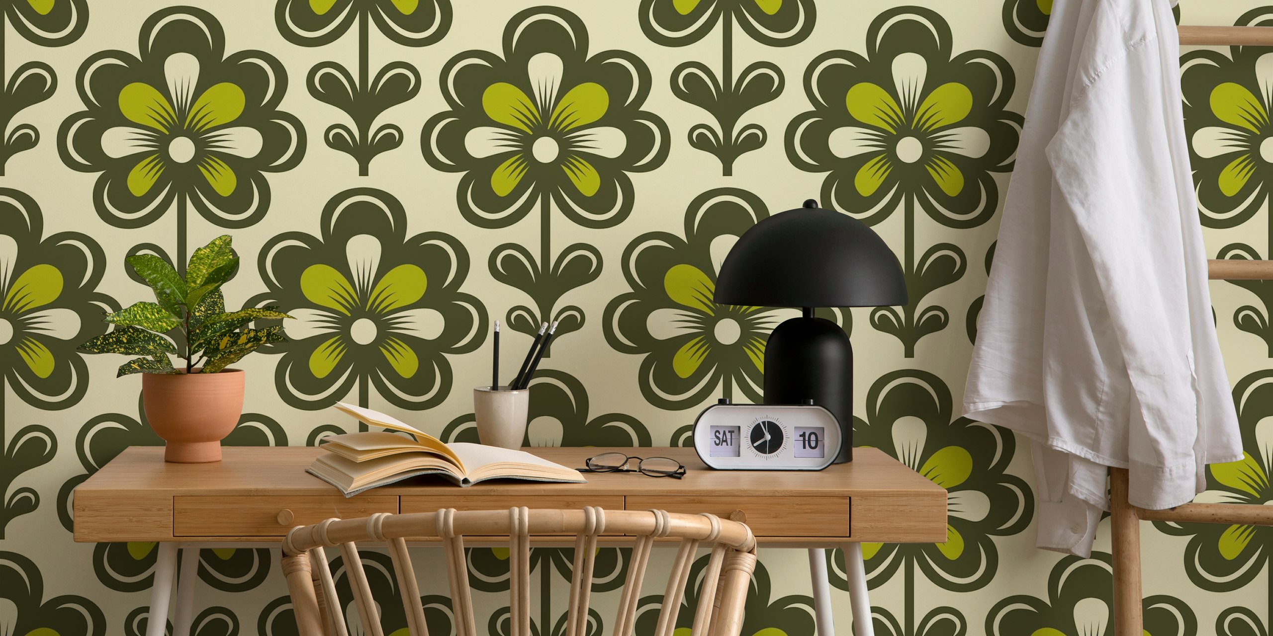 Green Retro Daisies Blossoms tapet i et rom