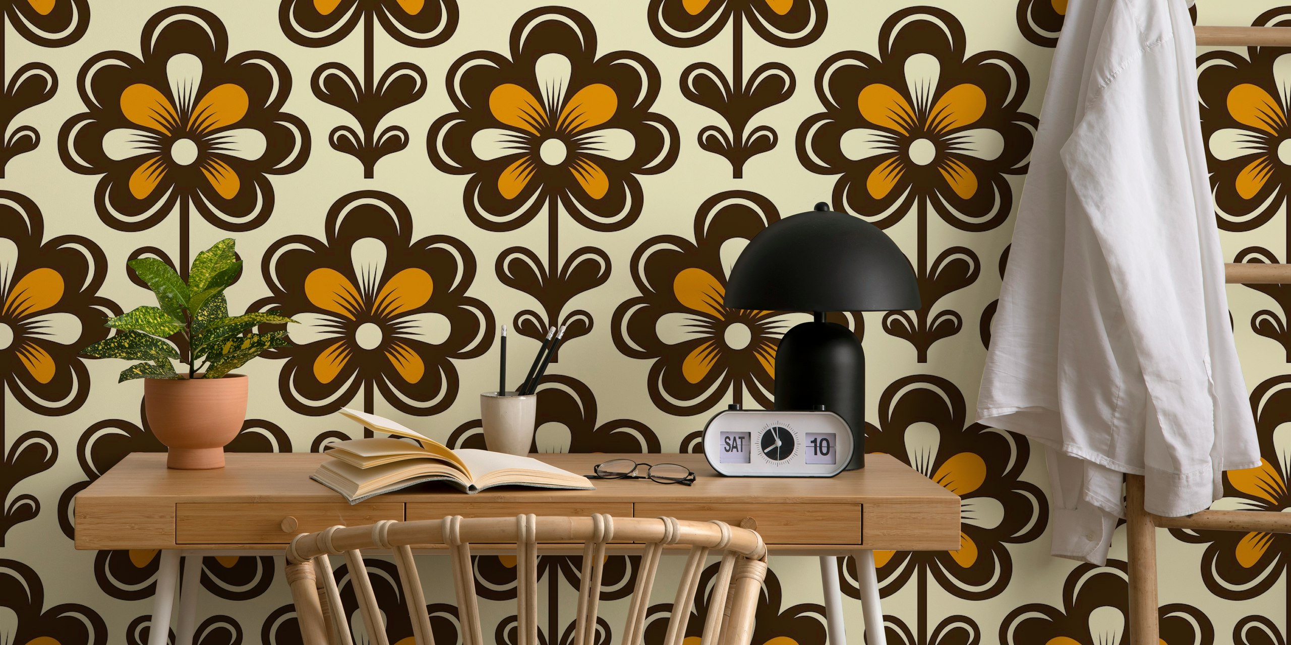 Retro floral pattern in yellow and brown colors wallpaper