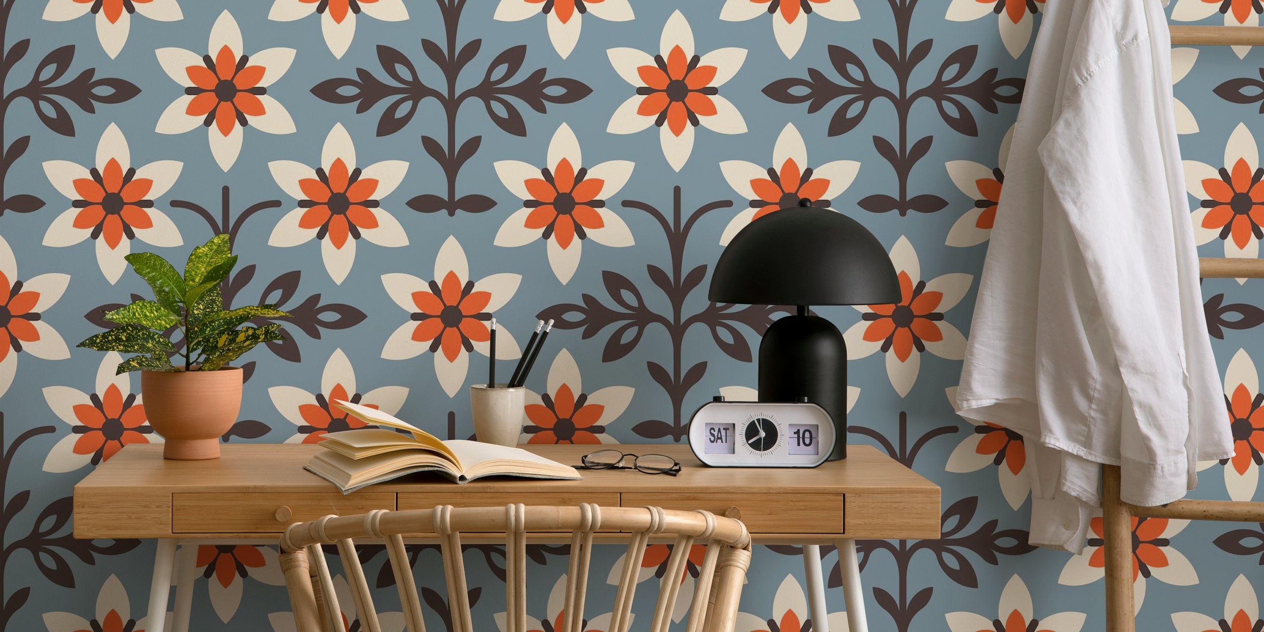 Radiant Vintage Flower Vibes in Blue wallpaper in room