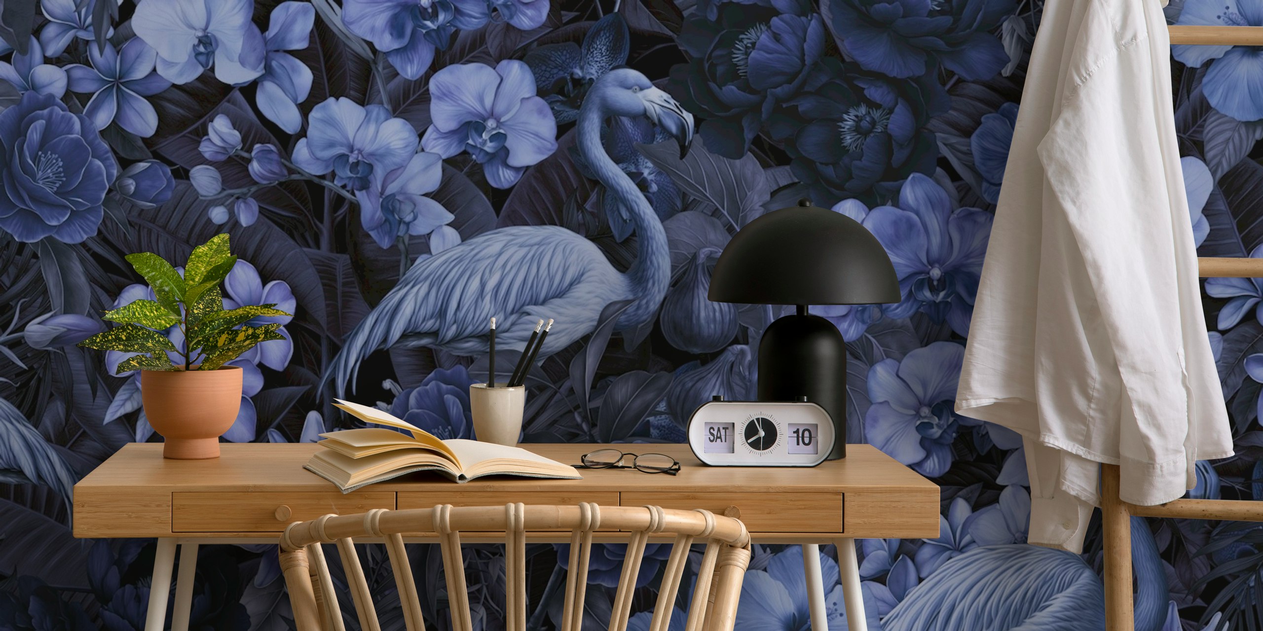 Flamingo Floral Tropical Midnight Dreamscape papel de parede na sala