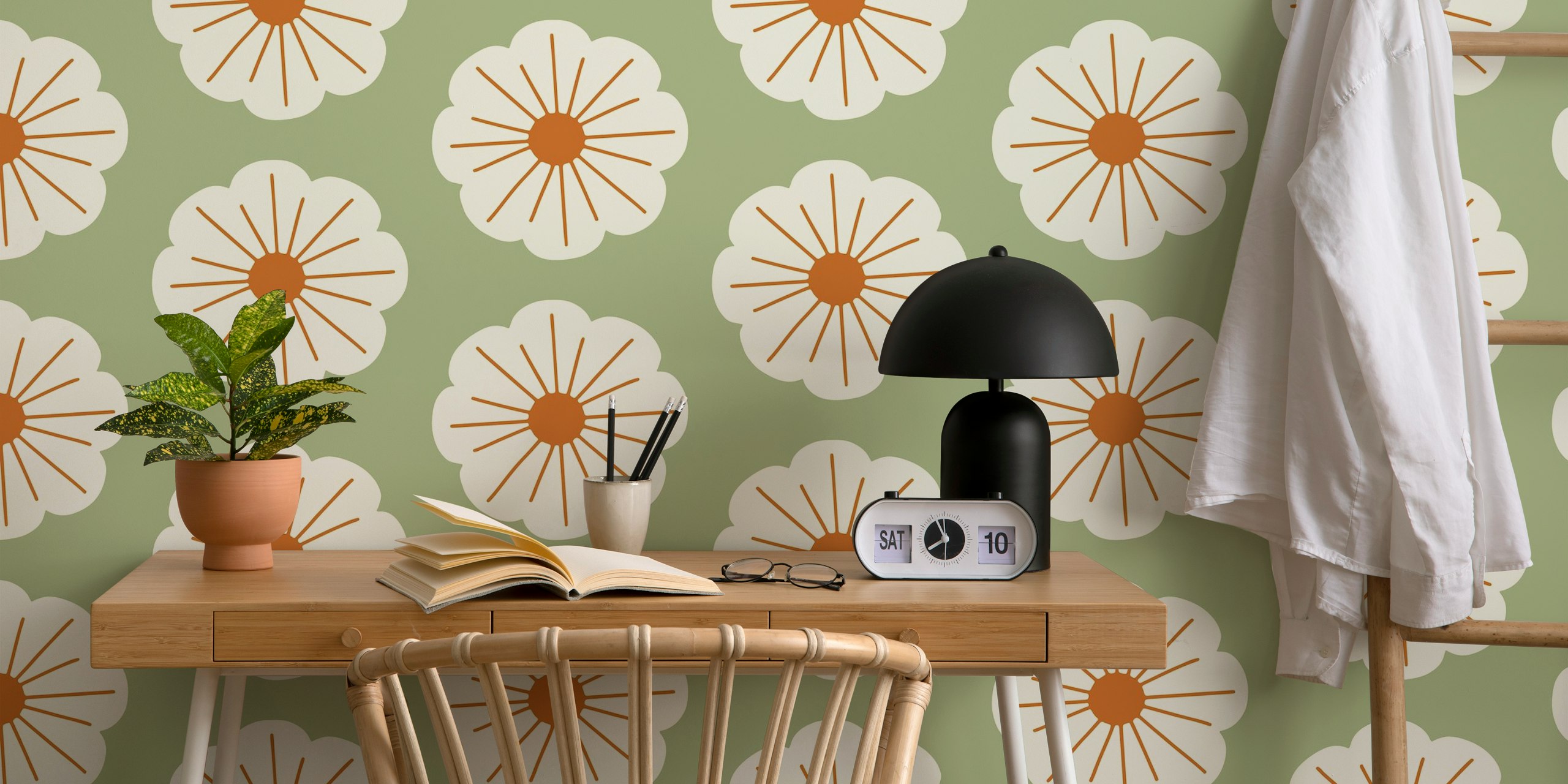 Large retro flowers in cream with brown details on sage green wallpaper