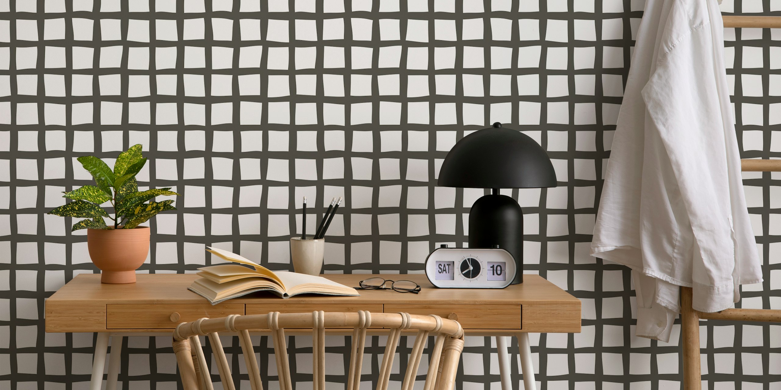 Organic Grid Charcoal wallpaper in a room